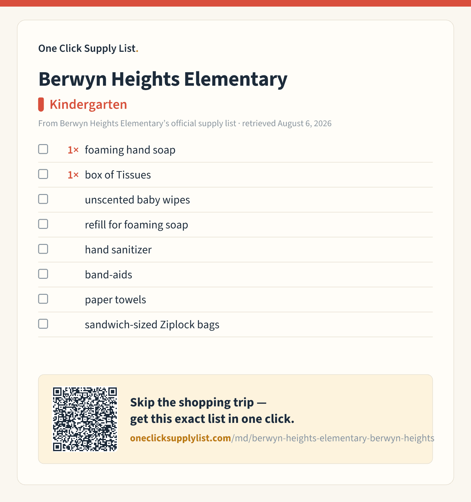 Berwyn Heights Elementary Kindergarten supply list — printable image