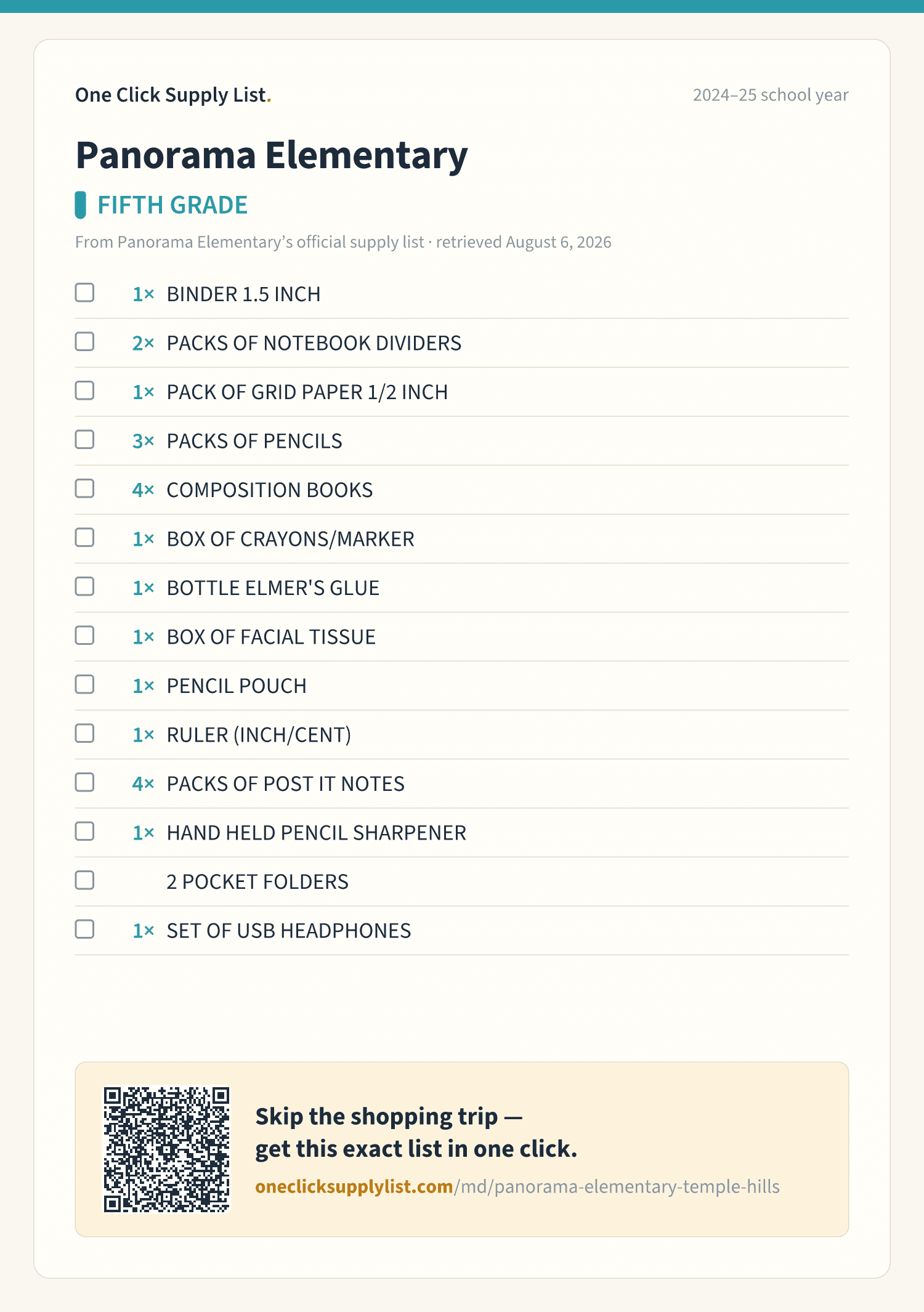 Panorama Elementary FIFTH GRADE supply list — printable image