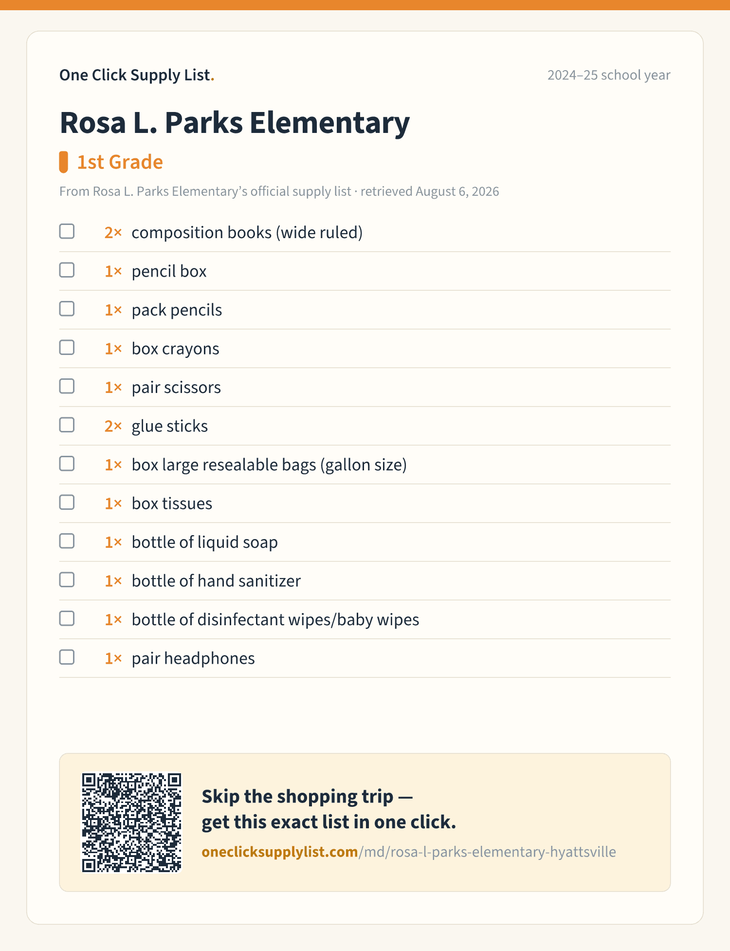 Rosa L. Parks Elementary 1st Grade supply list — printable image