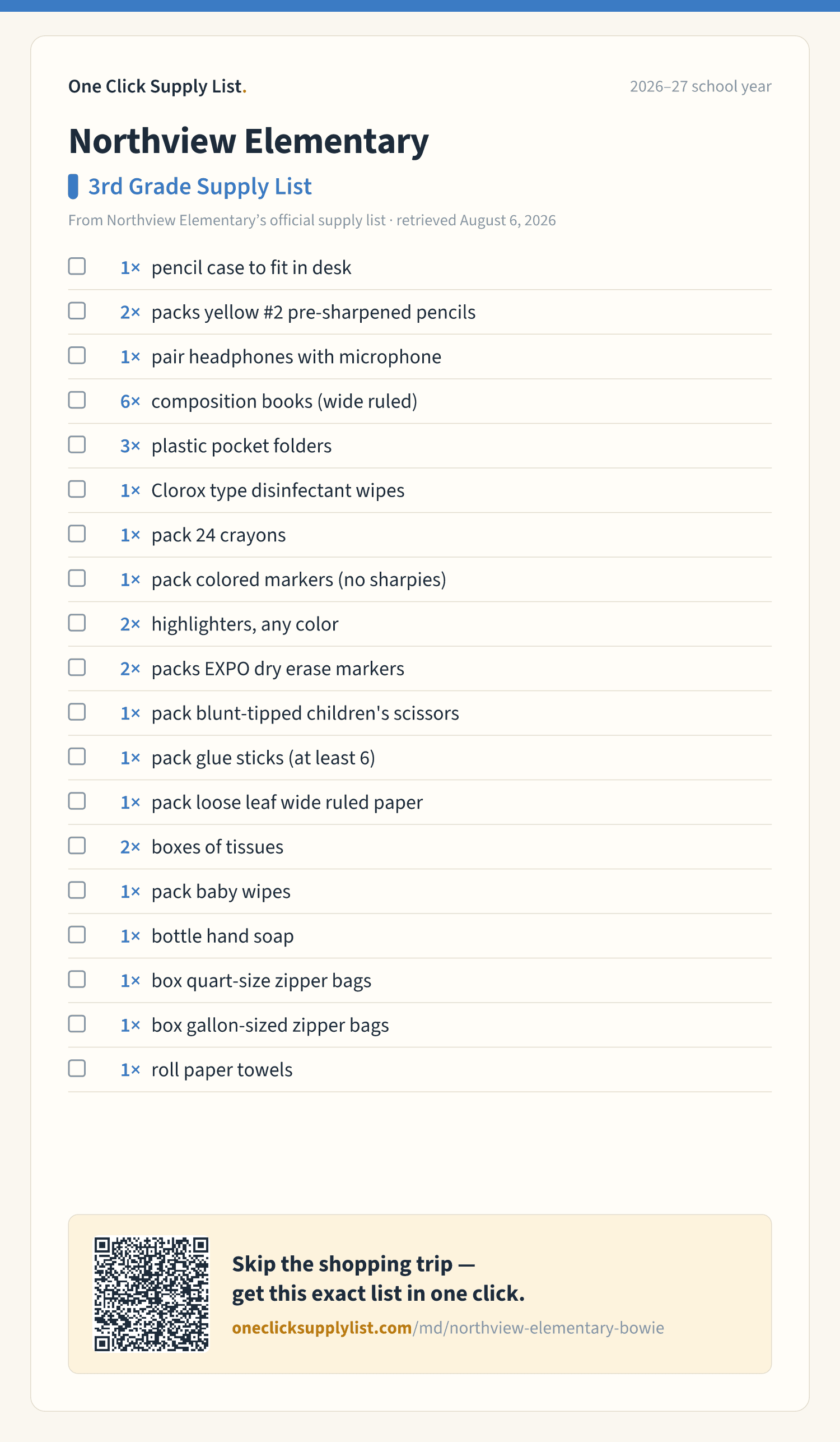Northview Elementary 3rd Grade Supply List supply list — printable image