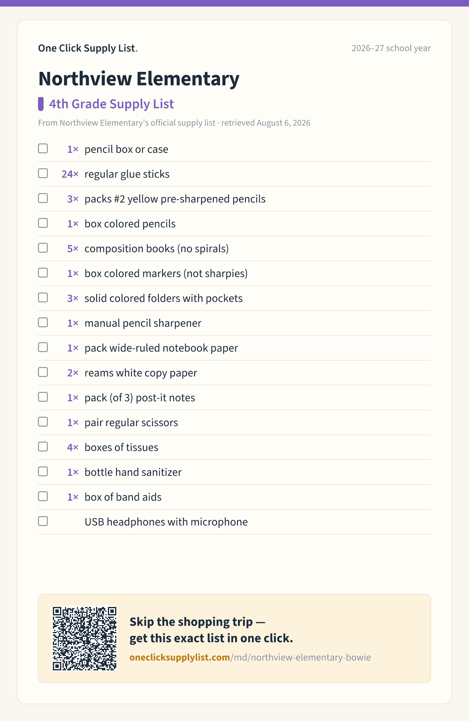 Northview Elementary 4th Grade Supply List supply list — printable image