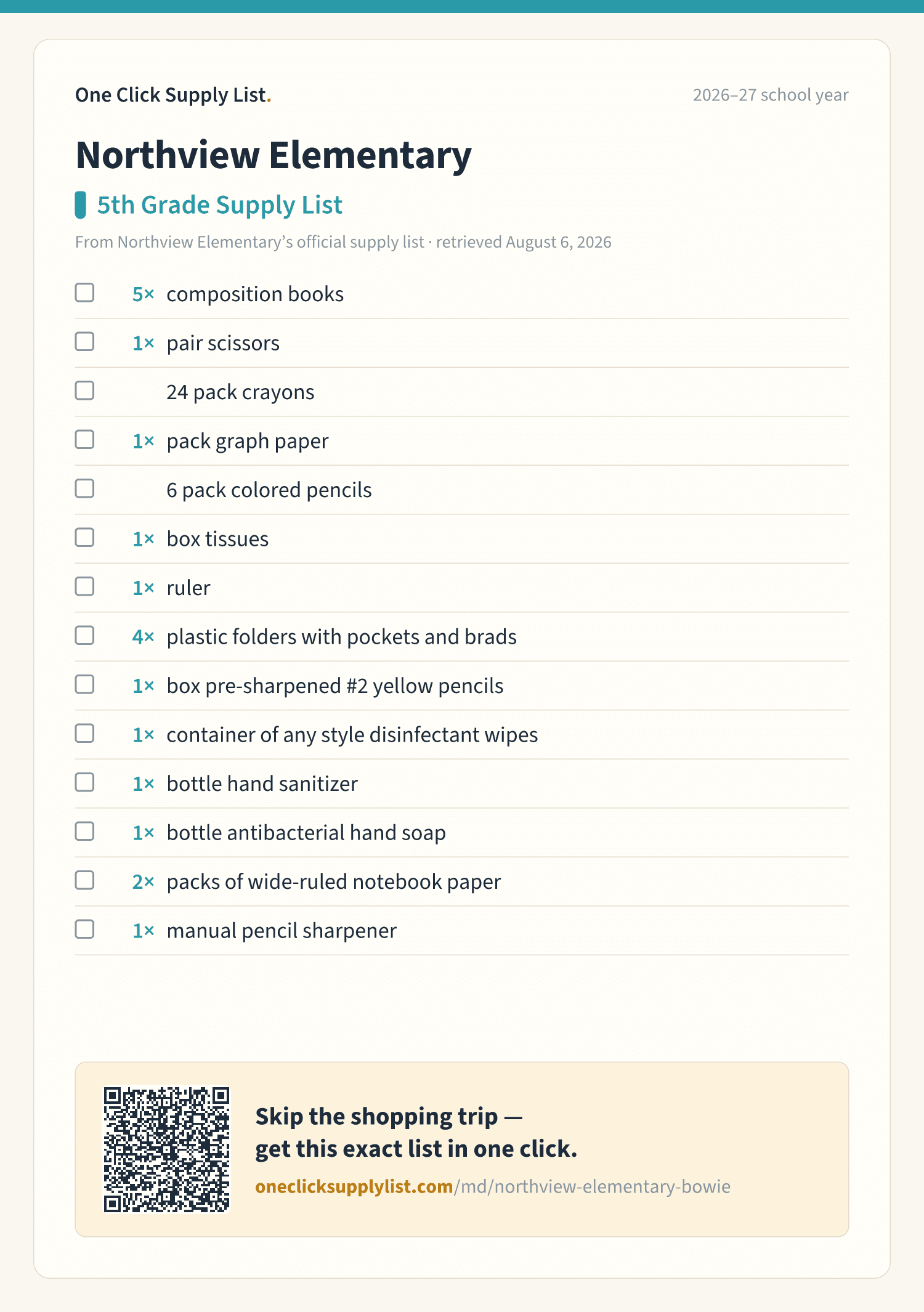 Northview Elementary 5th Grade Supply List supply list — printable image