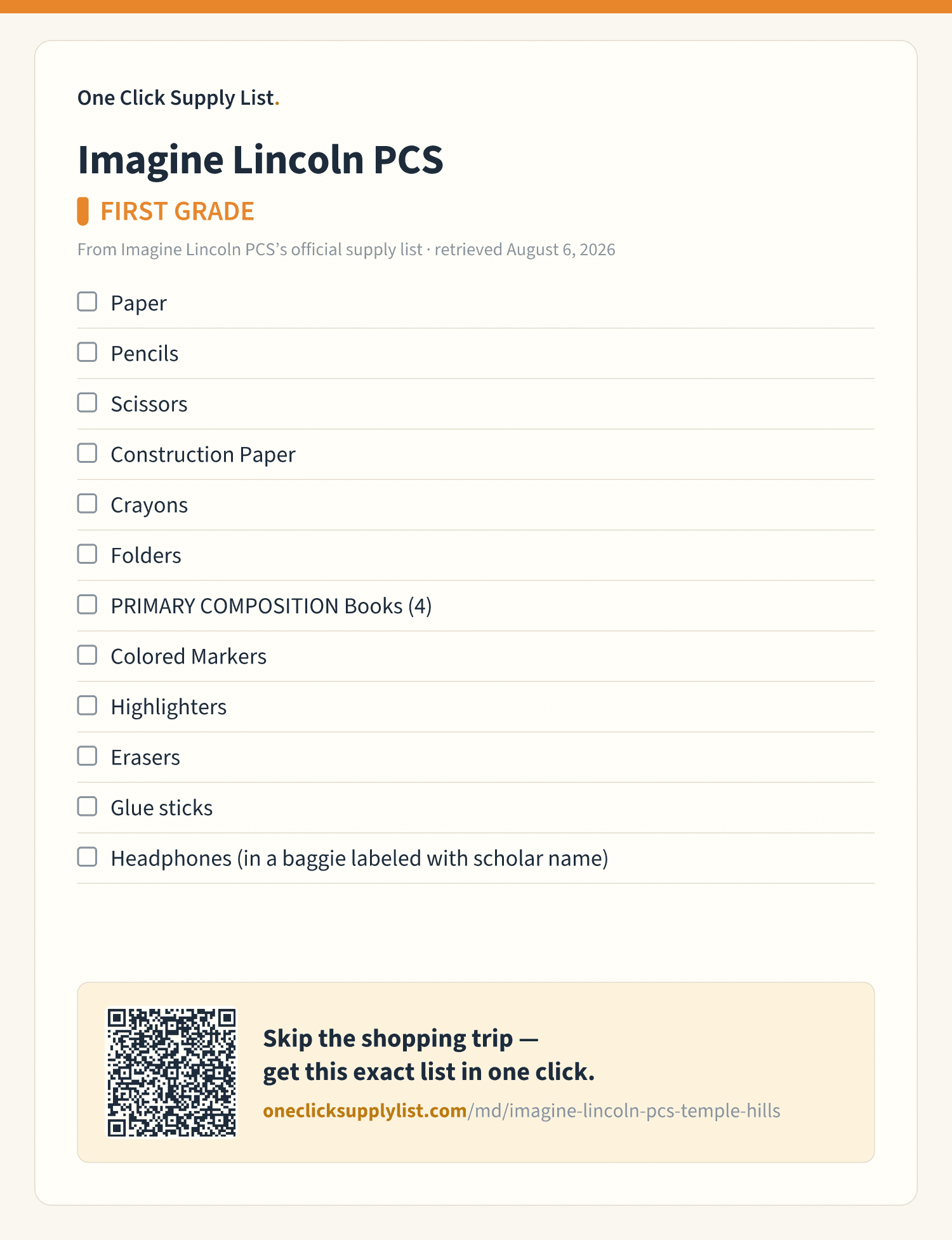 Imagine Lincoln PCS FIRST GRADE supply list — printable image