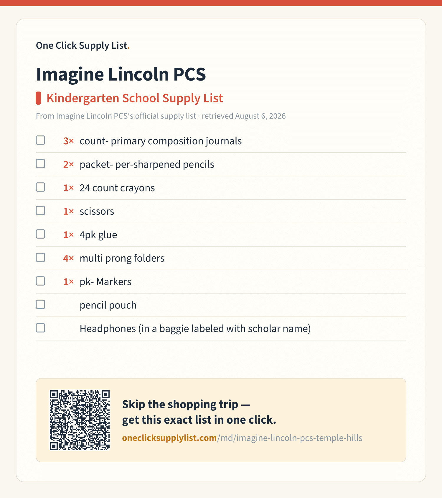 Imagine Lincoln PCS Kindergarten School Supply List supply list — printable image