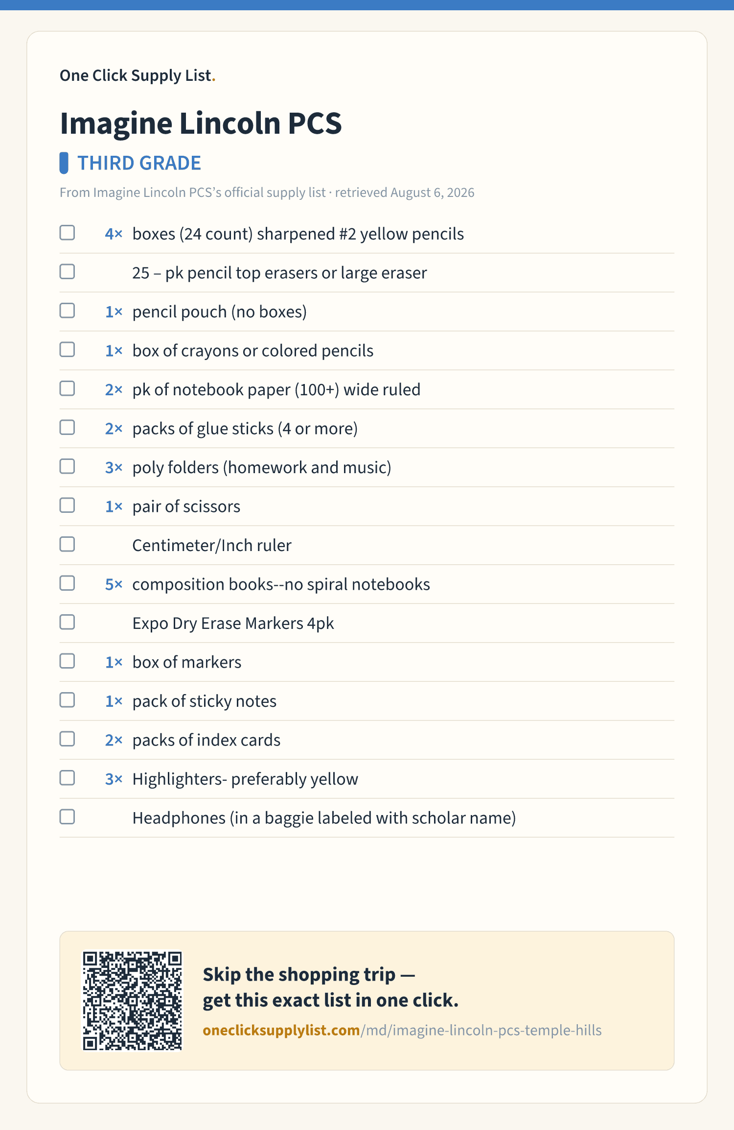 Imagine Lincoln PCS THIRD GRADE supply list — printable image