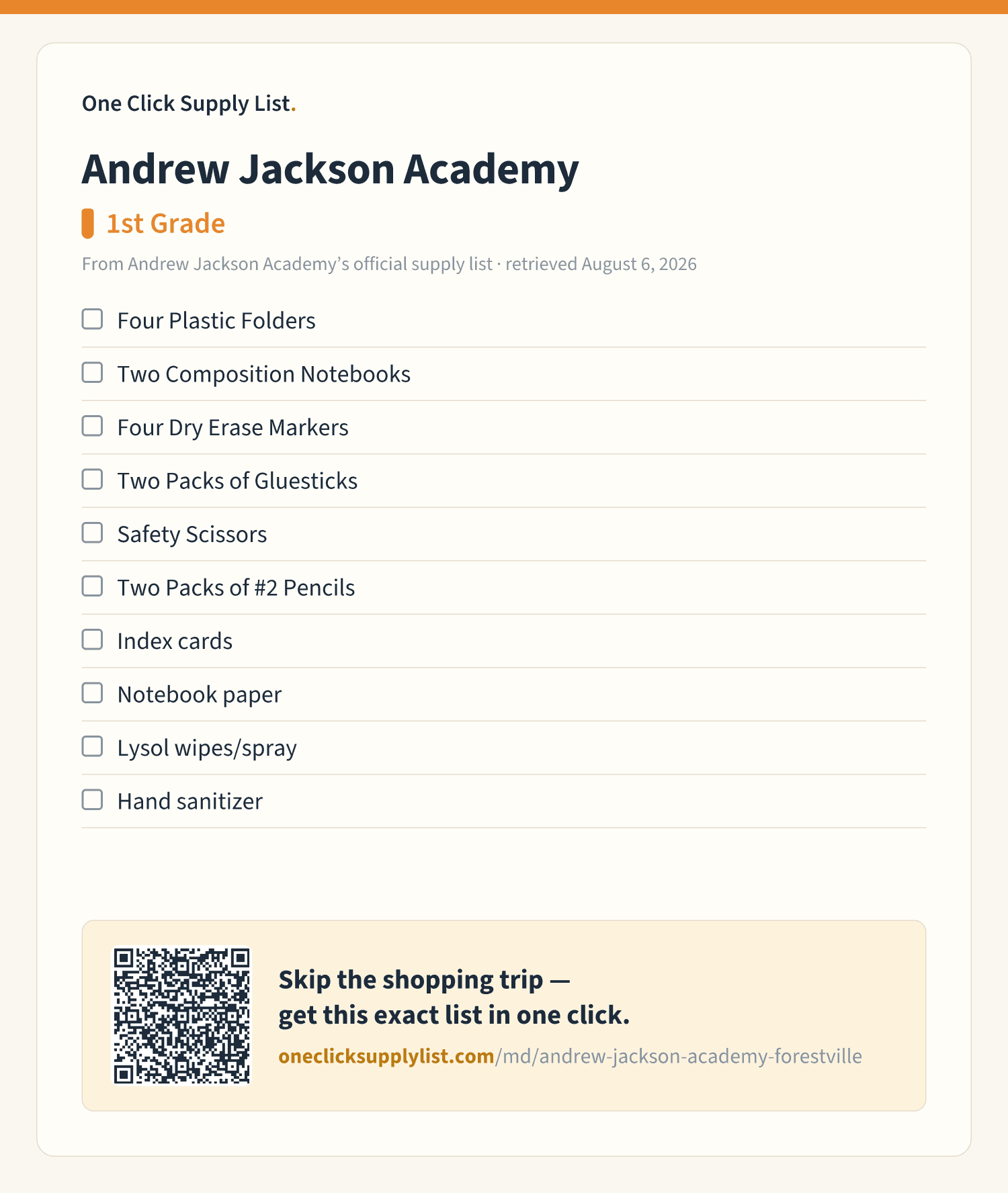 Andrew Jackson Academy 1st Grade supply list — printable image