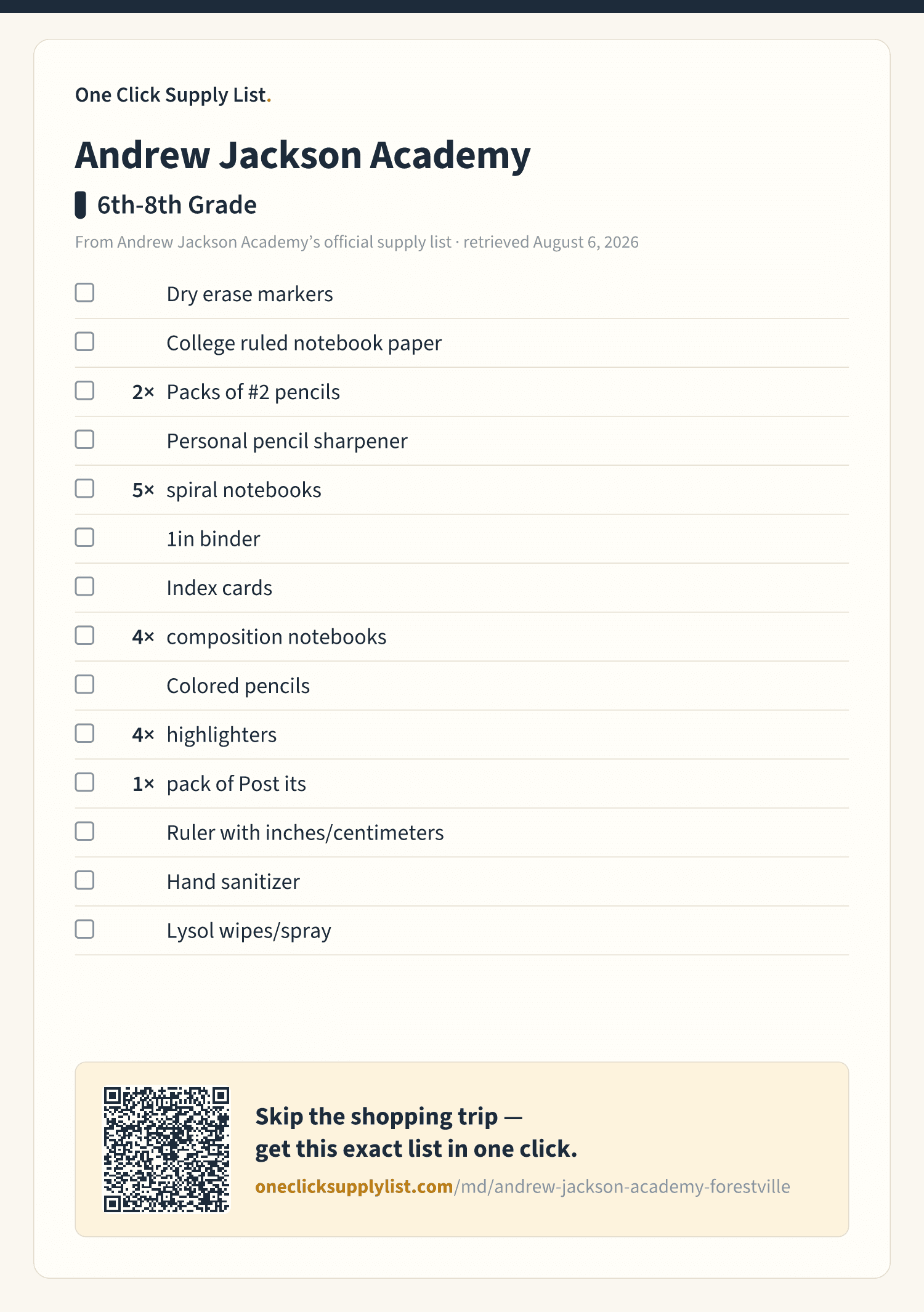 Andrew Jackson Academy 6th-8th Grade supply list — printable image