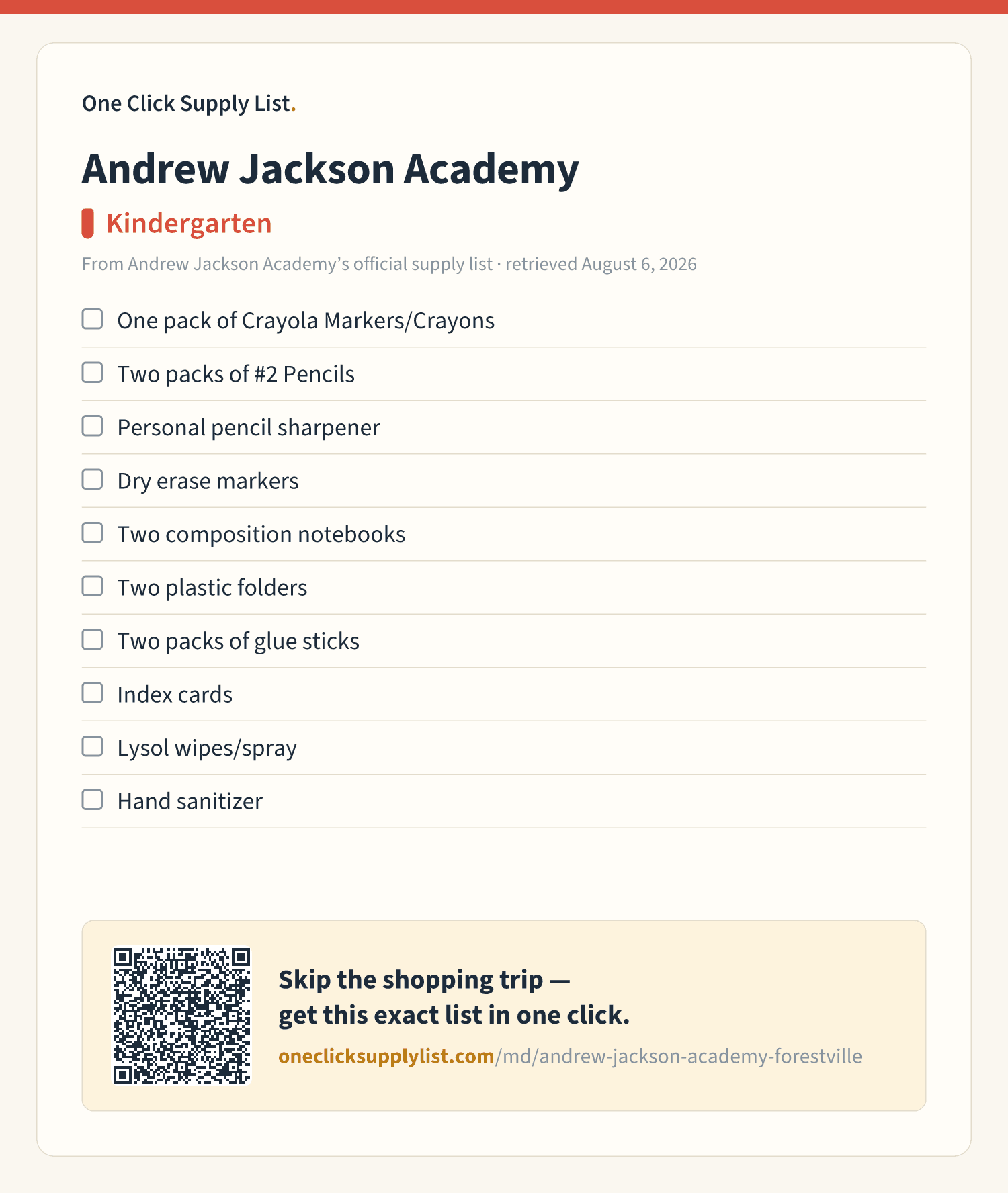 Andrew Jackson Academy Kindergarten supply list — printable image