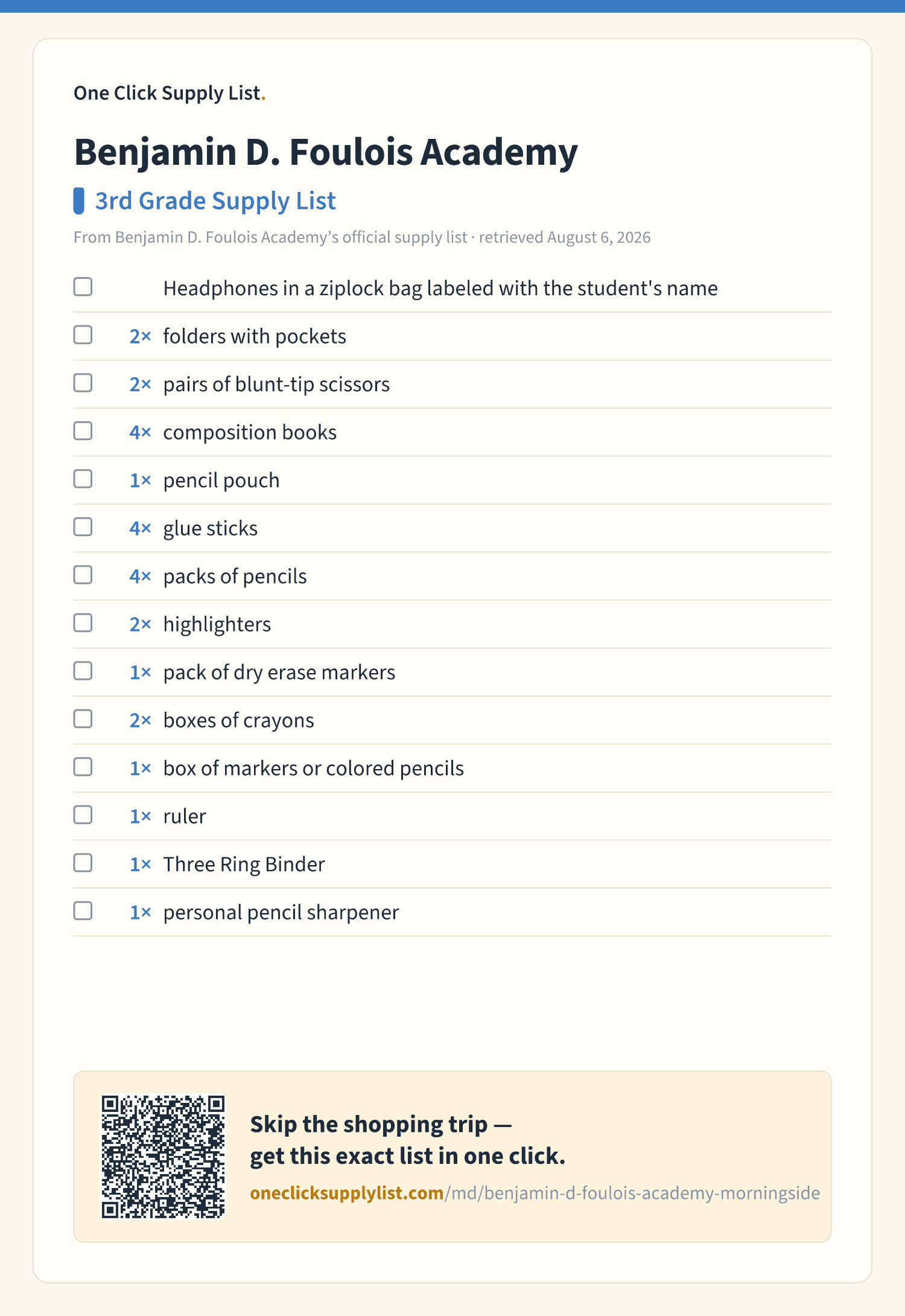 Benjamin D. Foulois Academy 3rd Grade Supply List supply list — printable image
