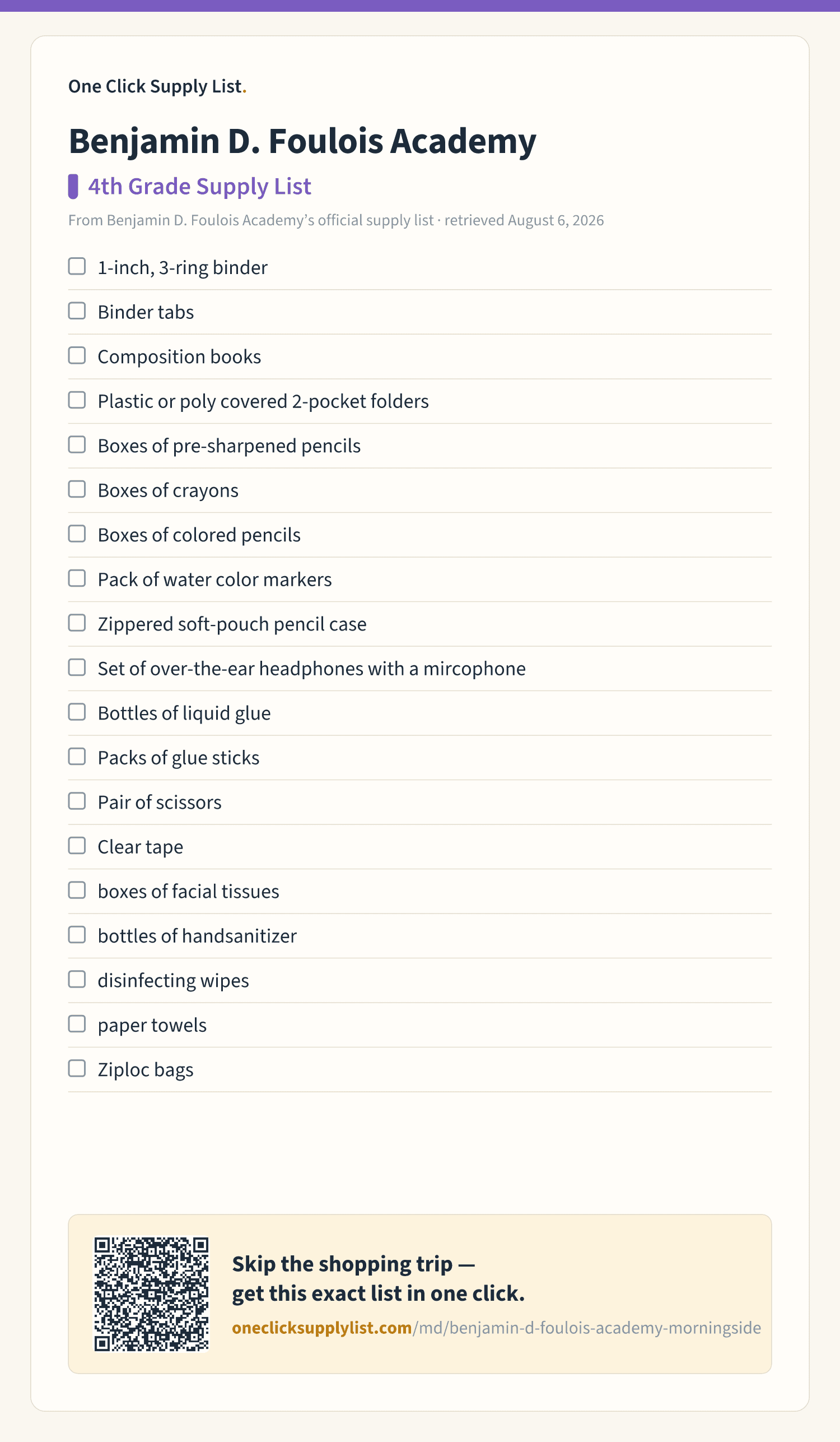 Benjamin D. Foulois Academy 4th Grade Supply List supply list — printable image