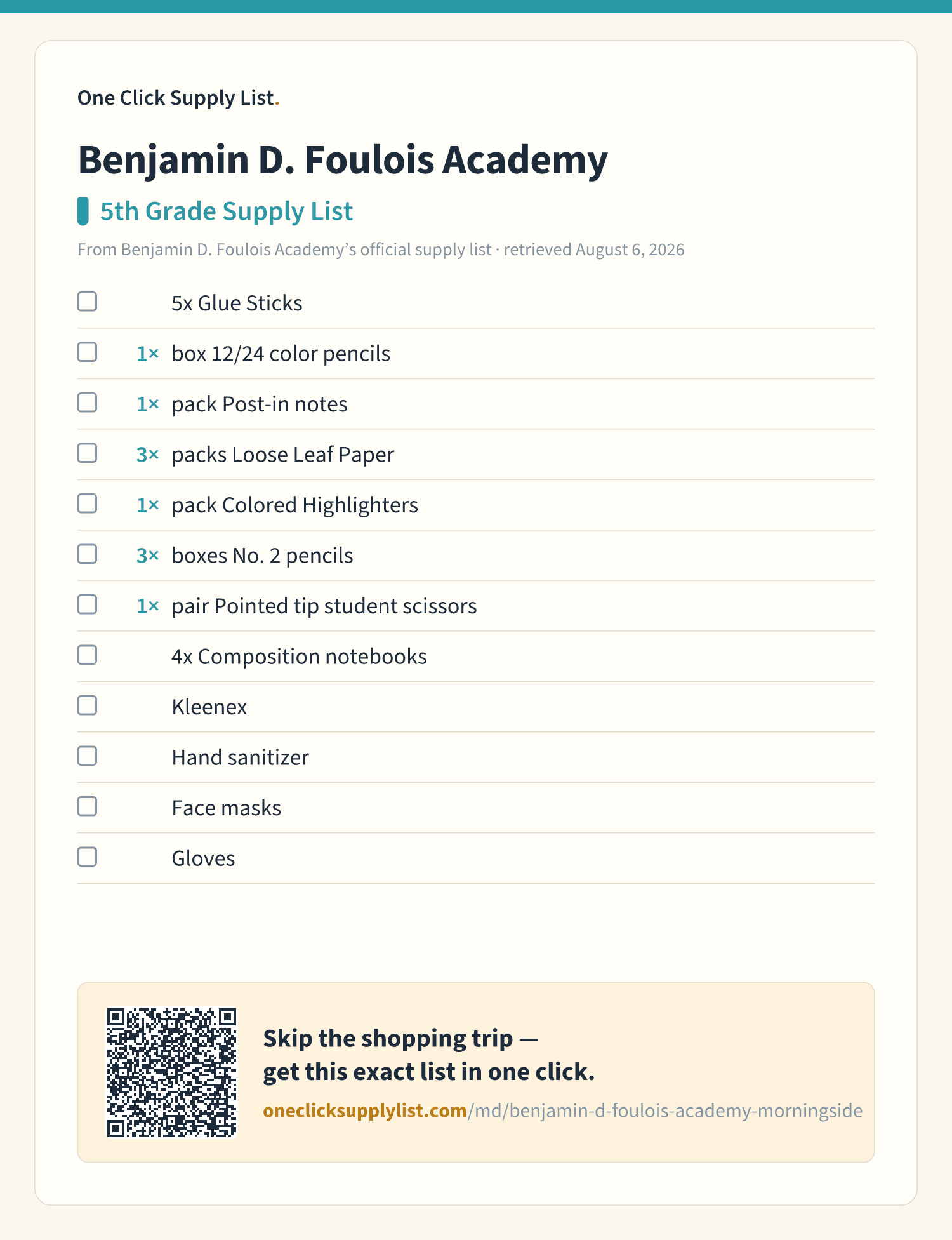 Benjamin D. Foulois Academy 5th Grade Supply List supply list — printable image