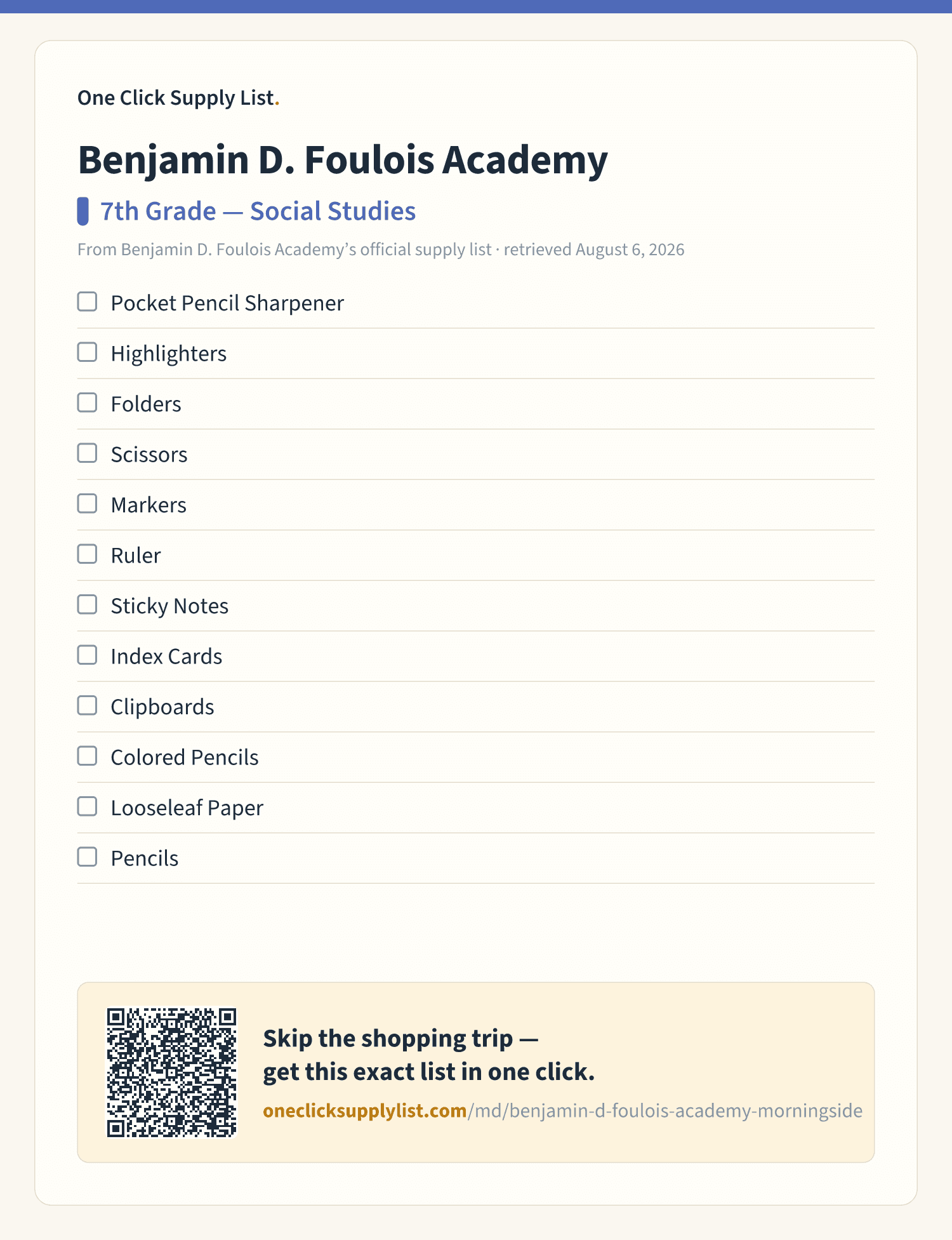 Benjamin D. Foulois Academy 7th Grade — Social Studies supply list — printable image