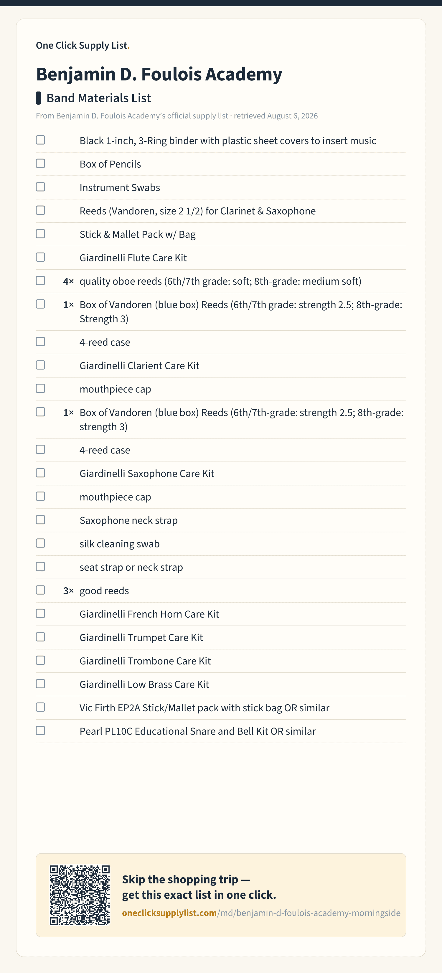 Benjamin D. Foulois Academy Band Materials List supply list — printable image