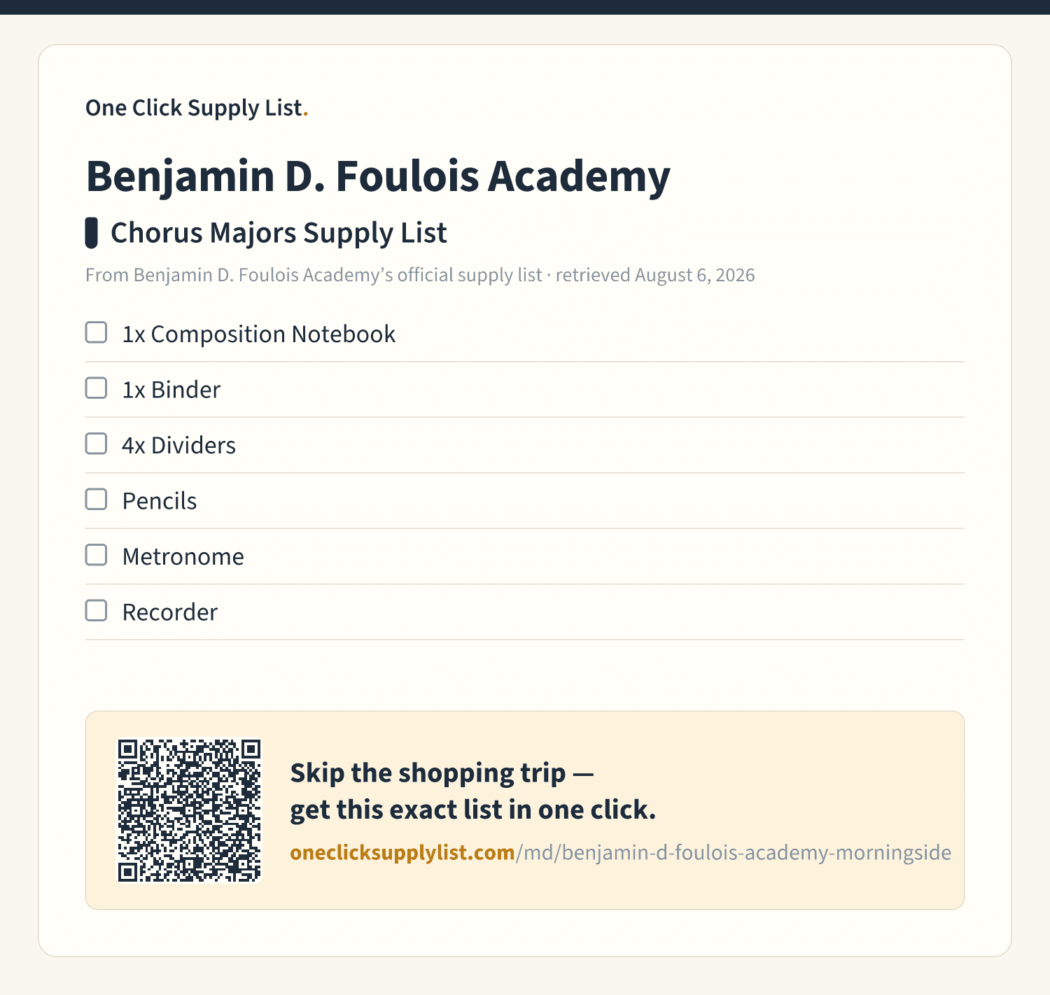 Benjamin D. Foulois Academy Chorus Majors Supply List supply list — printable image