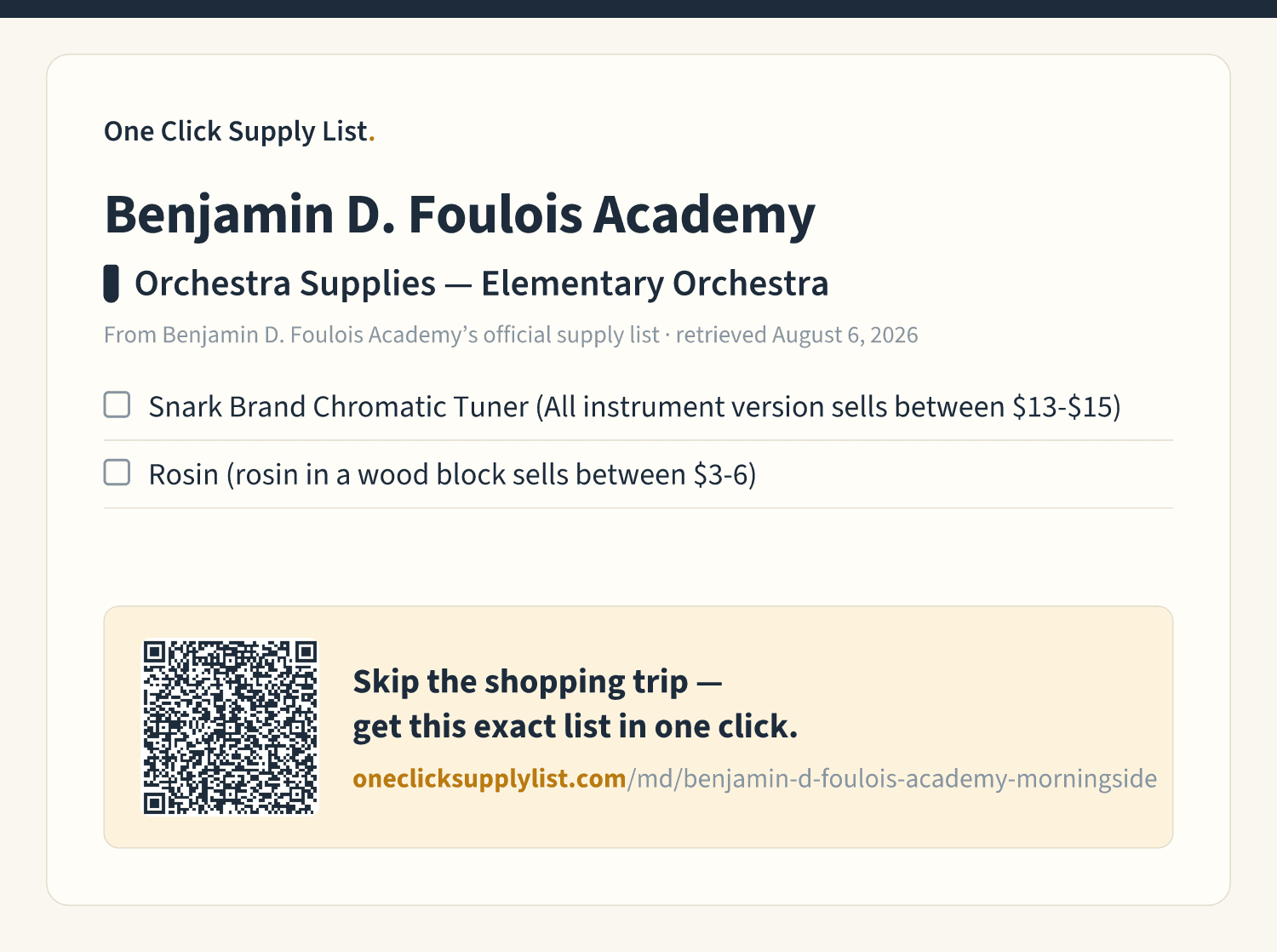 Benjamin D. Foulois Academy Orchestra Supplies — Elementary Orchestra supply list — printable image