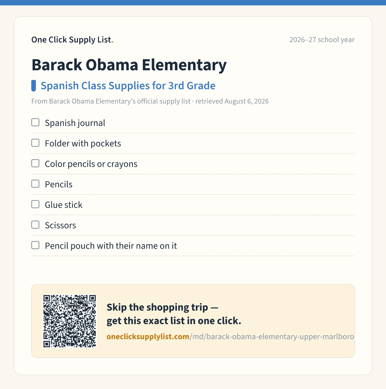 Barack Obama Elementary Spanish Class Supplies for 3rd Grade supply list — printable image