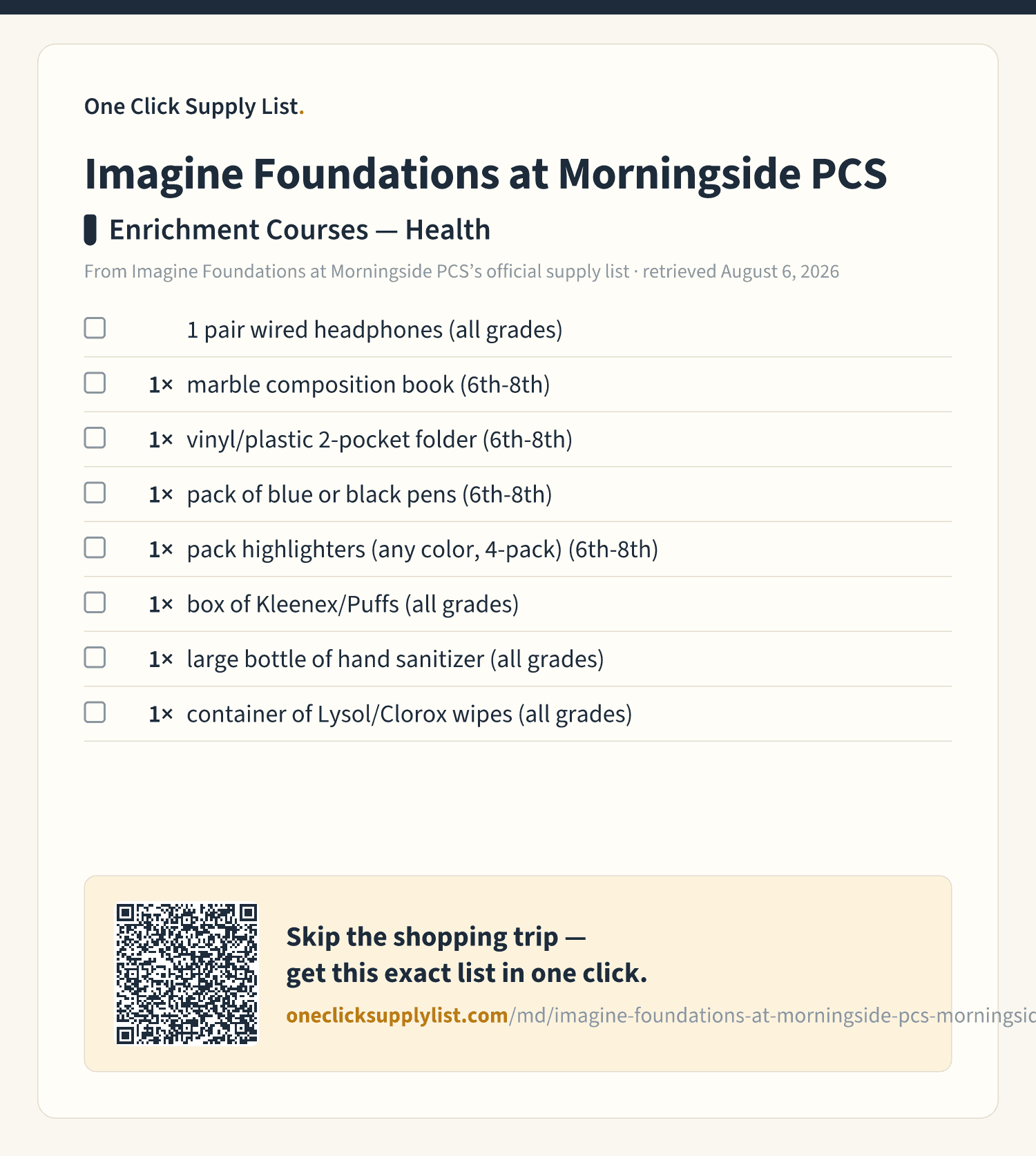 Imagine Foundations at Morningside PCS Enrichment Courses — Health supply list — printable image