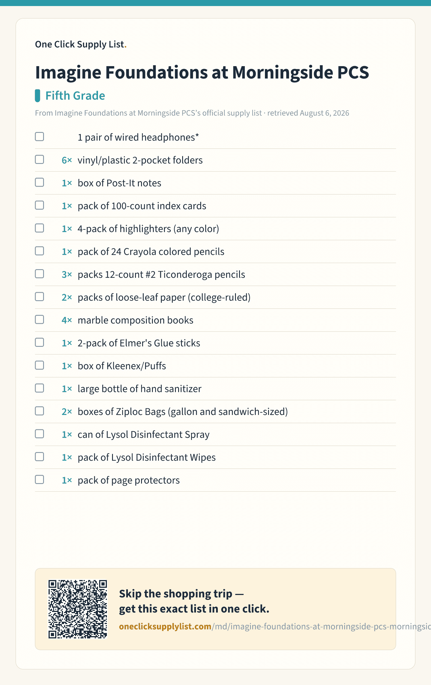 Imagine Foundations at Morningside PCS Fifth Grade supply list — printable image