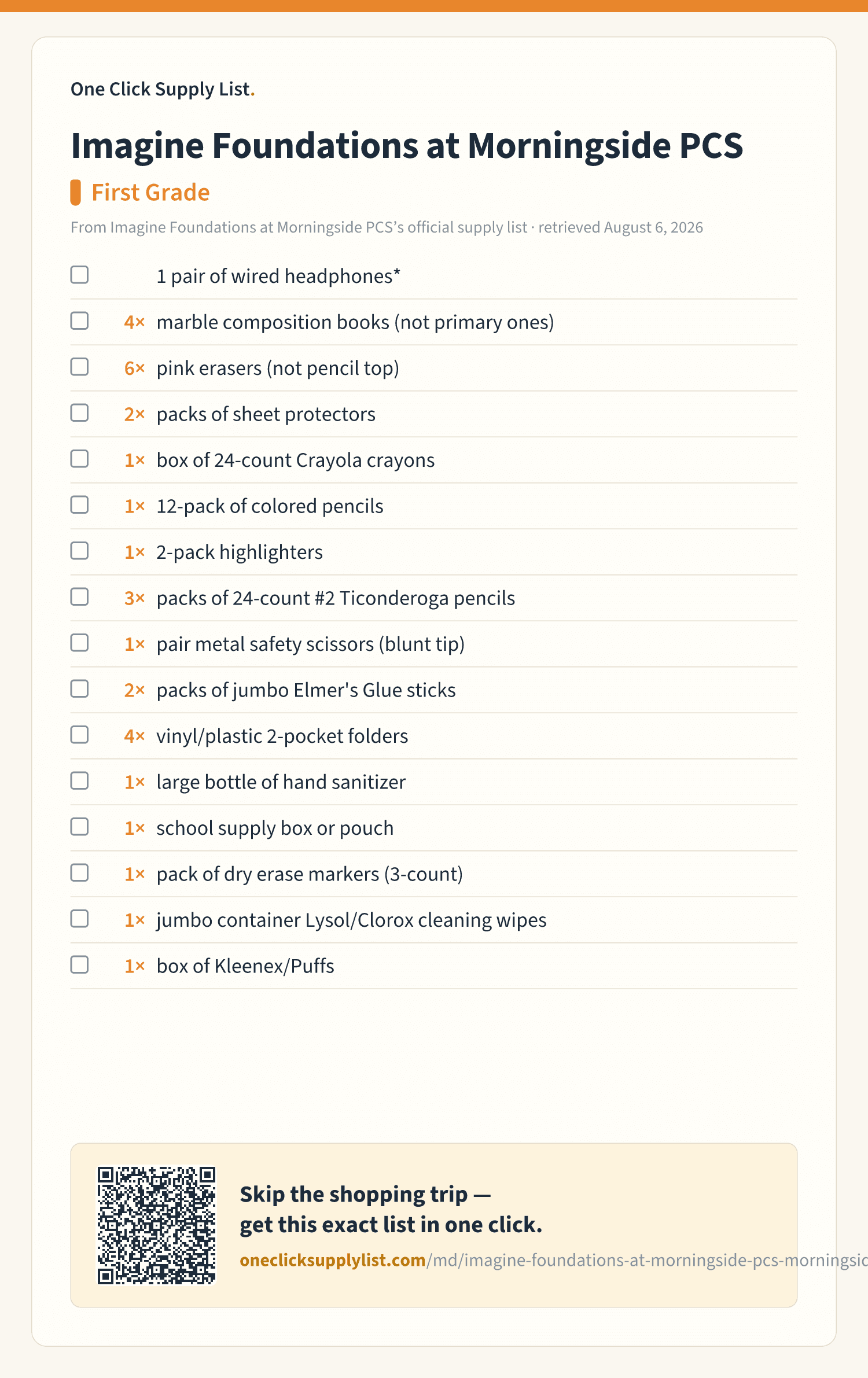 Imagine Foundations at Morningside PCS First Grade supply list — printable image
