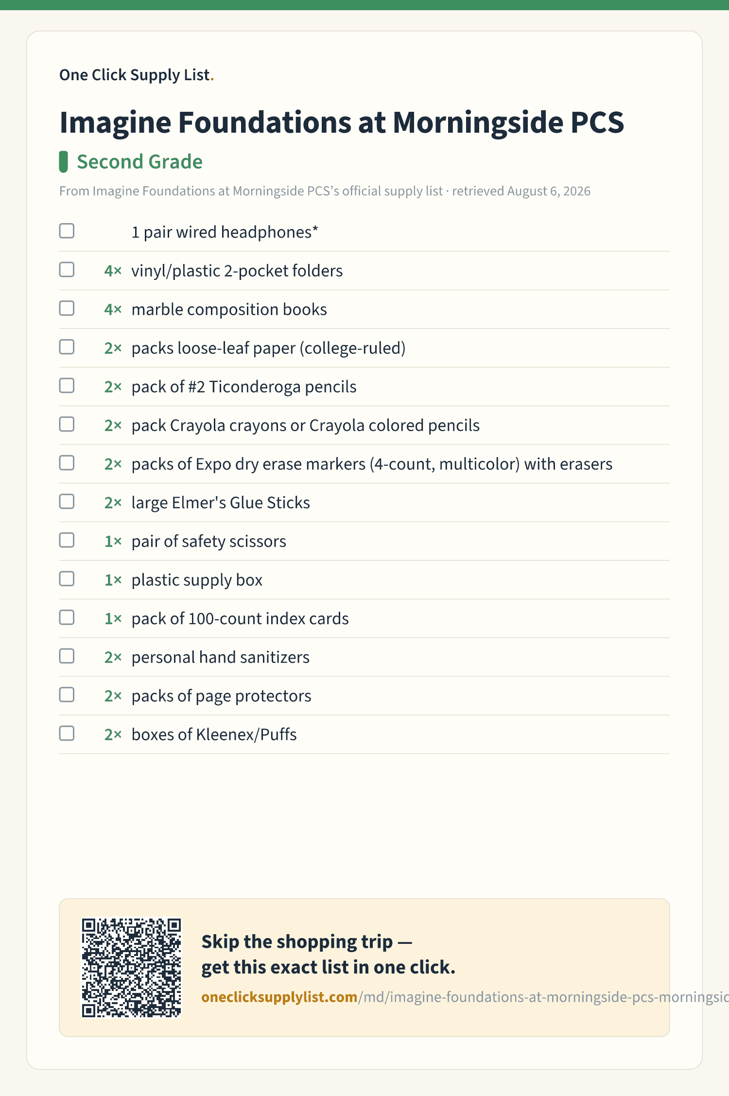 Imagine Foundations at Morningside PCS Second Grade supply list — printable image