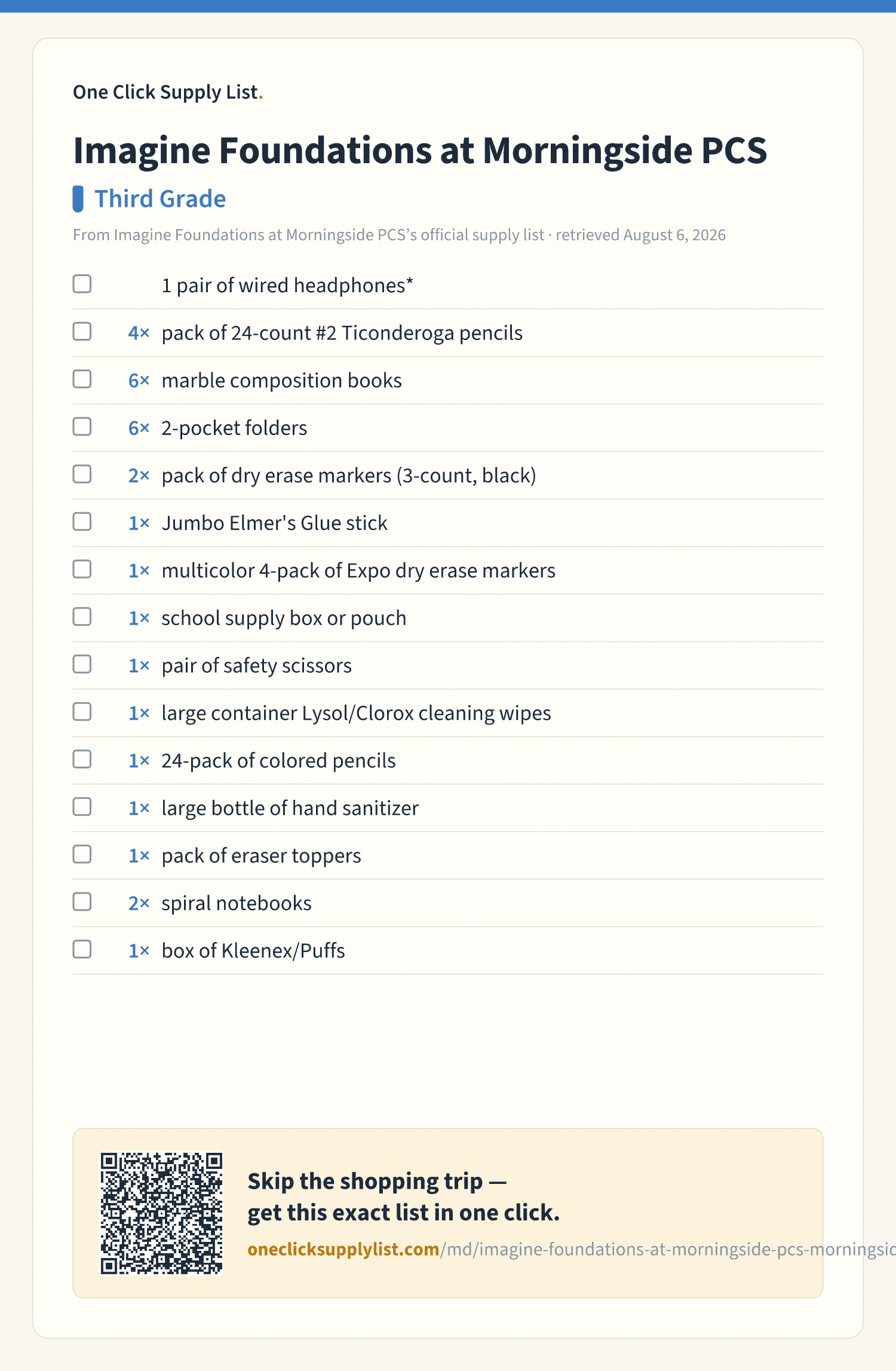 Imagine Foundations at Morningside PCS Third Grade supply list — printable image