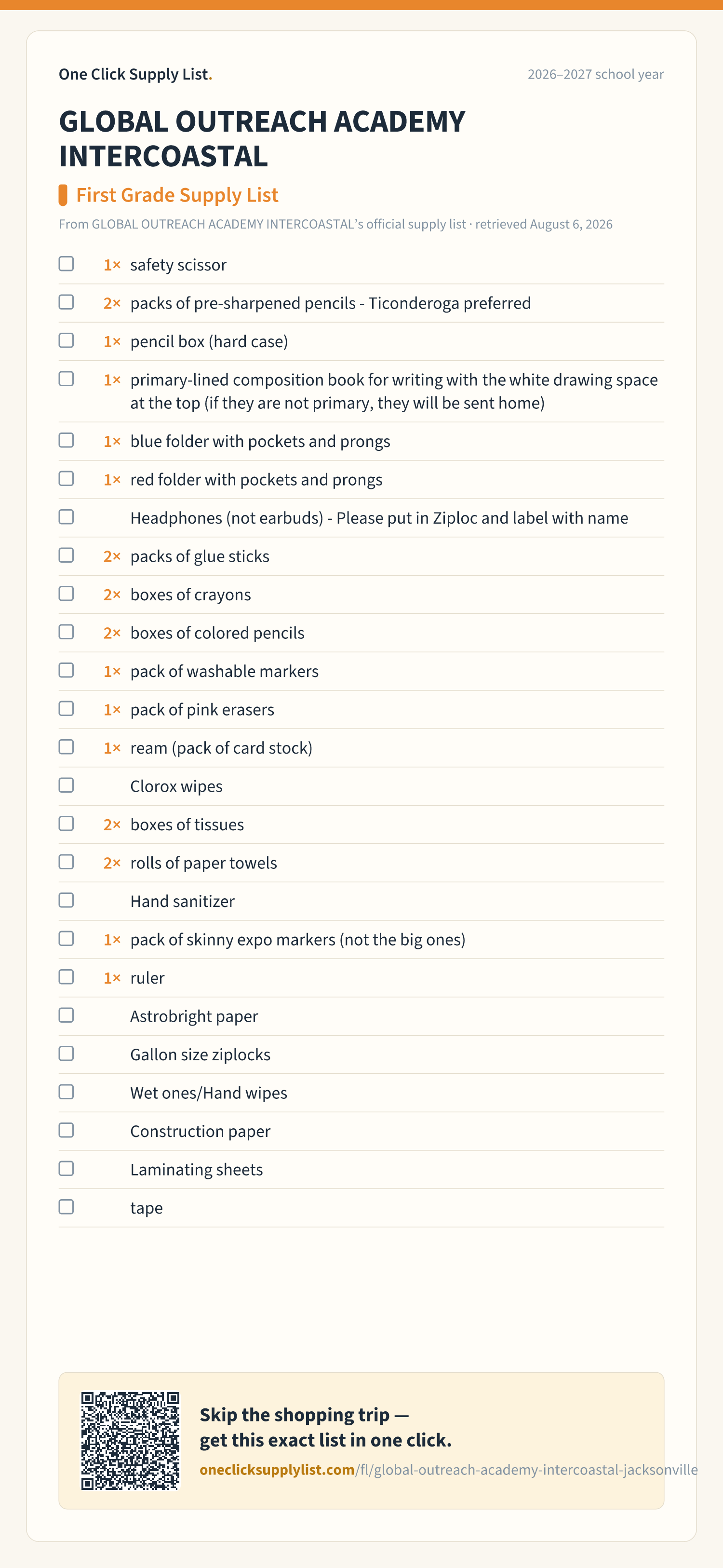 GLOBAL OUTREACH ACADEMY INTERCOASTAL First Grade Supply List supply list — printable image