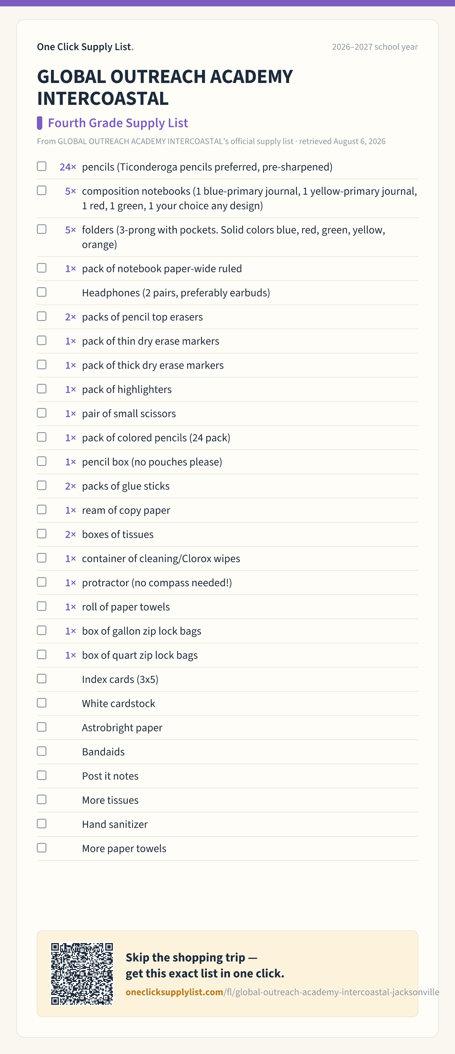 GLOBAL OUTREACH ACADEMY INTERCOASTAL Fourth Grade Supply List supply list — printable image