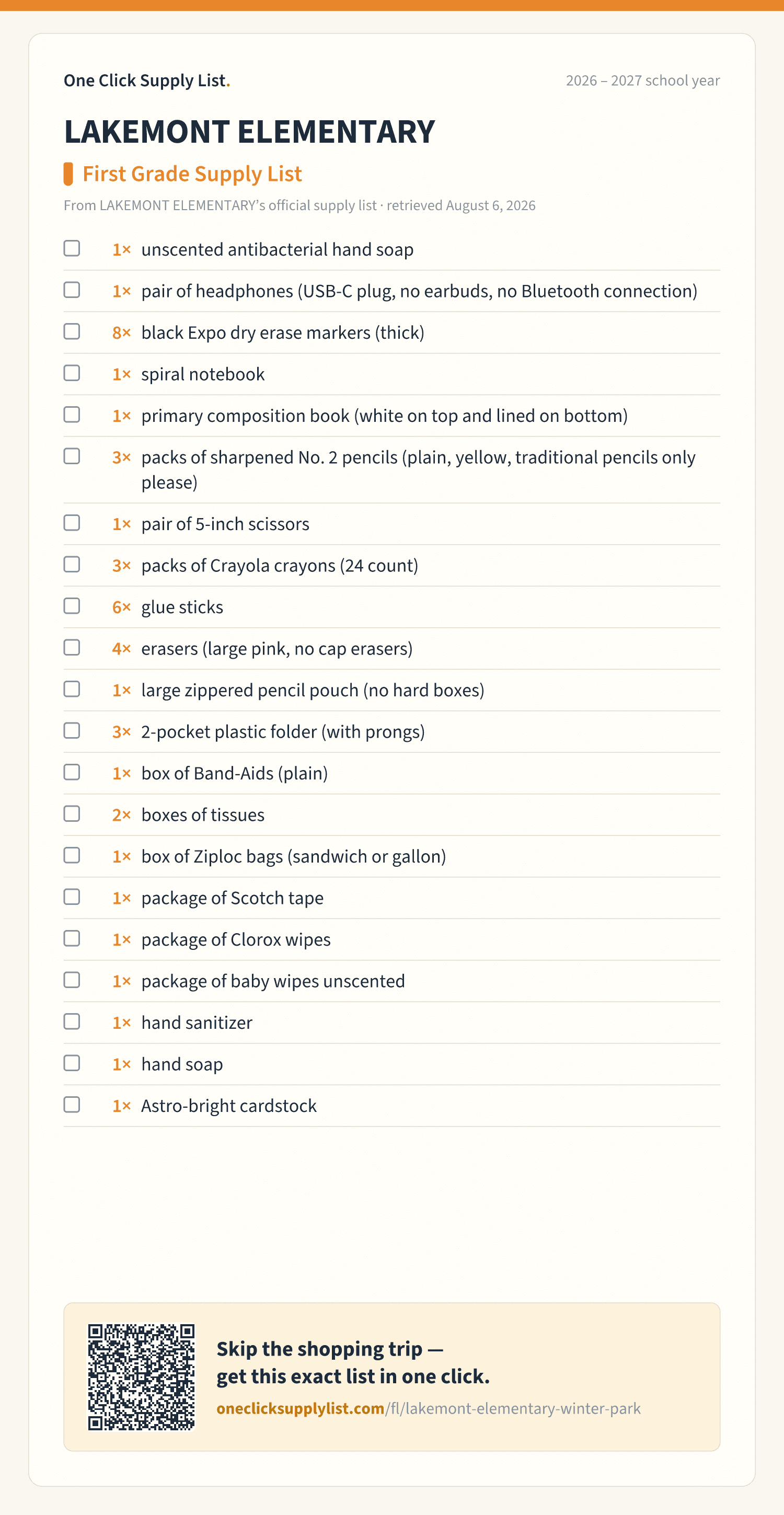 LAKEMONT ELEMENTARY First Grade Supply List supply list — printable image