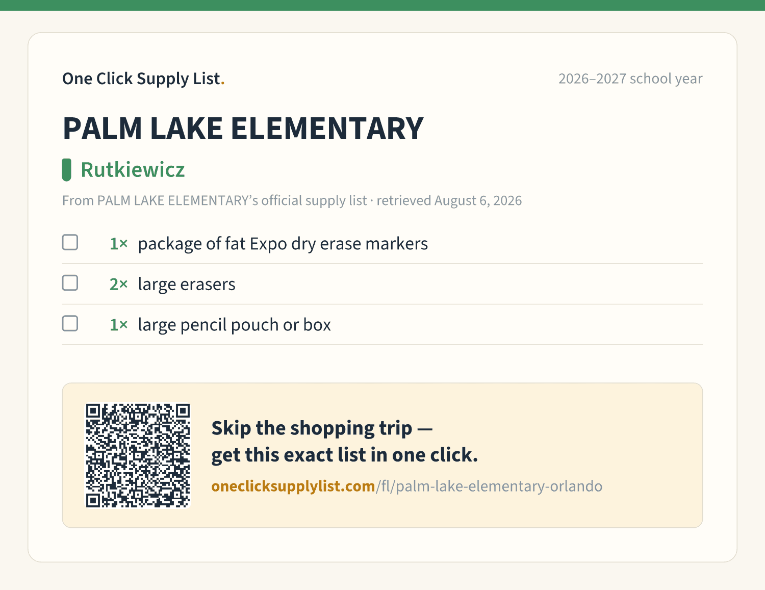 PALM LAKE ELEMENTARY Rutkiewicz supply list — printable image