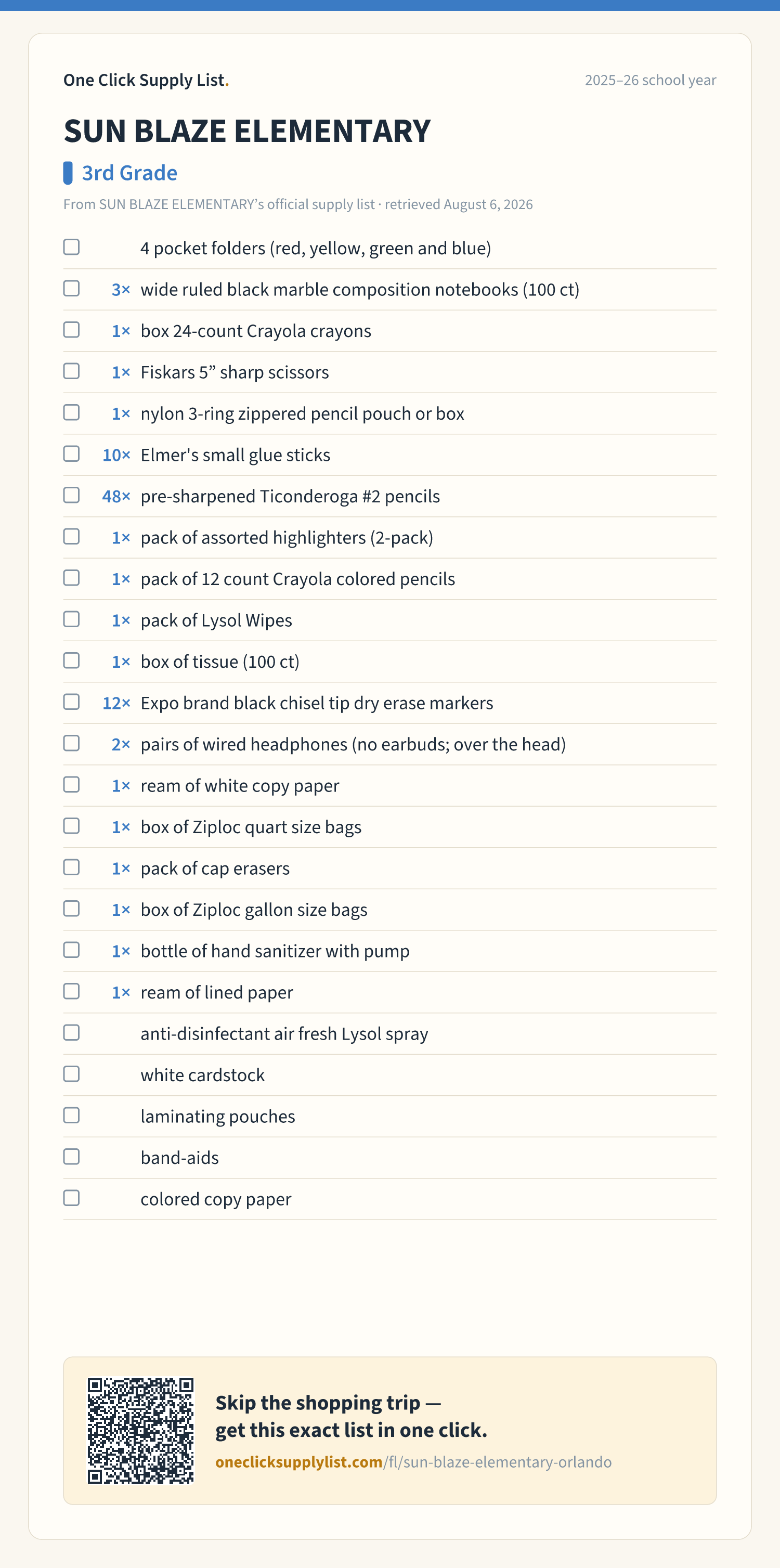 SUN BLAZE ELEMENTARY 3rd Grade supply list — printable image