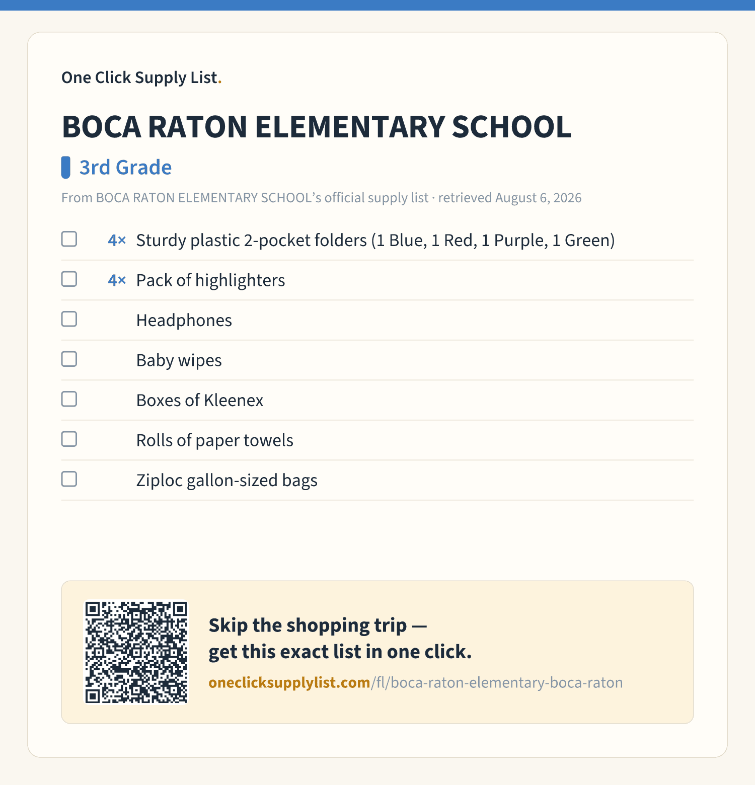 BOCA RATON ELEMENTARY SCHOOL 3rd Grade supply list — printable image