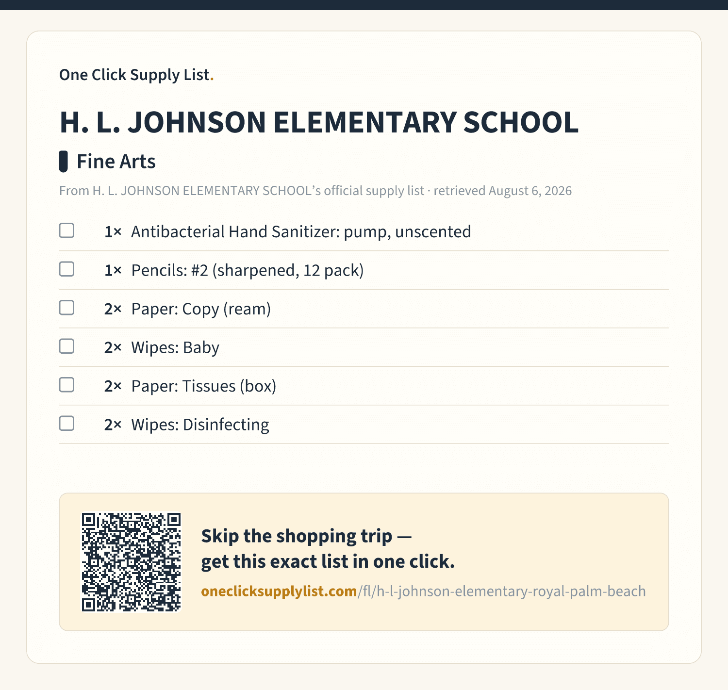 H. L. JOHNSON ELEMENTARY SCHOOL Fine Arts supply list — printable image