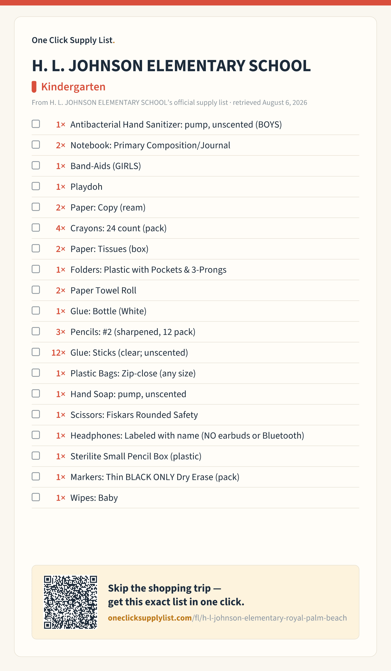H. L. JOHNSON ELEMENTARY SCHOOL Kindergarten supply list — printable image