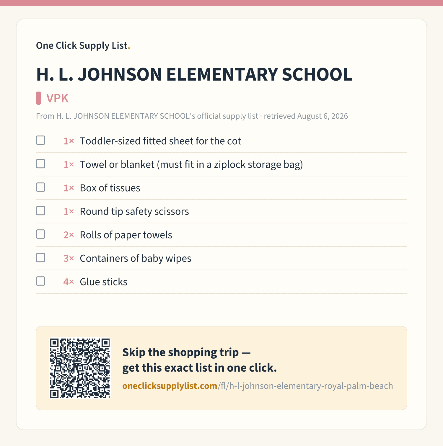 H. L. JOHNSON ELEMENTARY SCHOOL VPK supply list — printable image