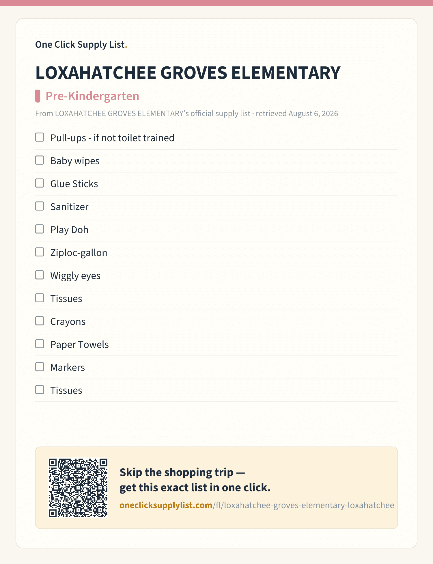 LOXAHATCHEE GROVES ELEMENTARY Pre-Kindergarten supply list — printable image