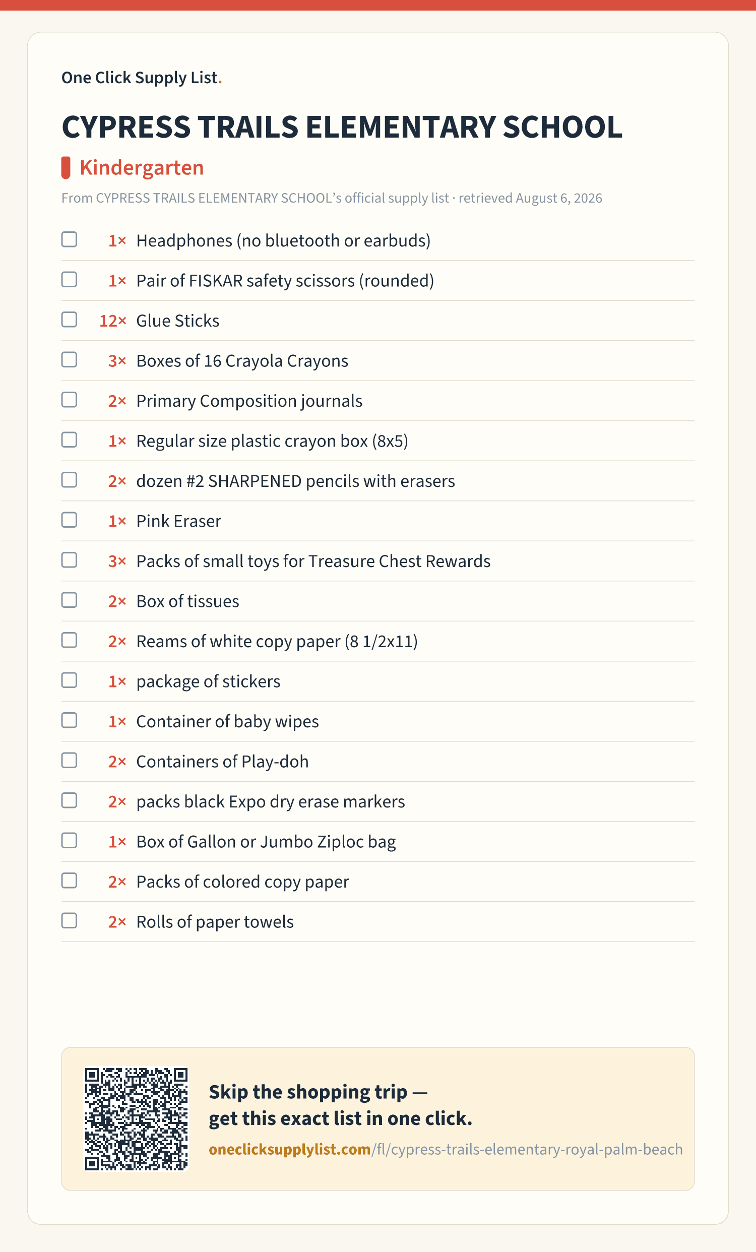 CYPRESS TRAILS ELEMENTARY SCHOOL Kindergarten supply list — printable image