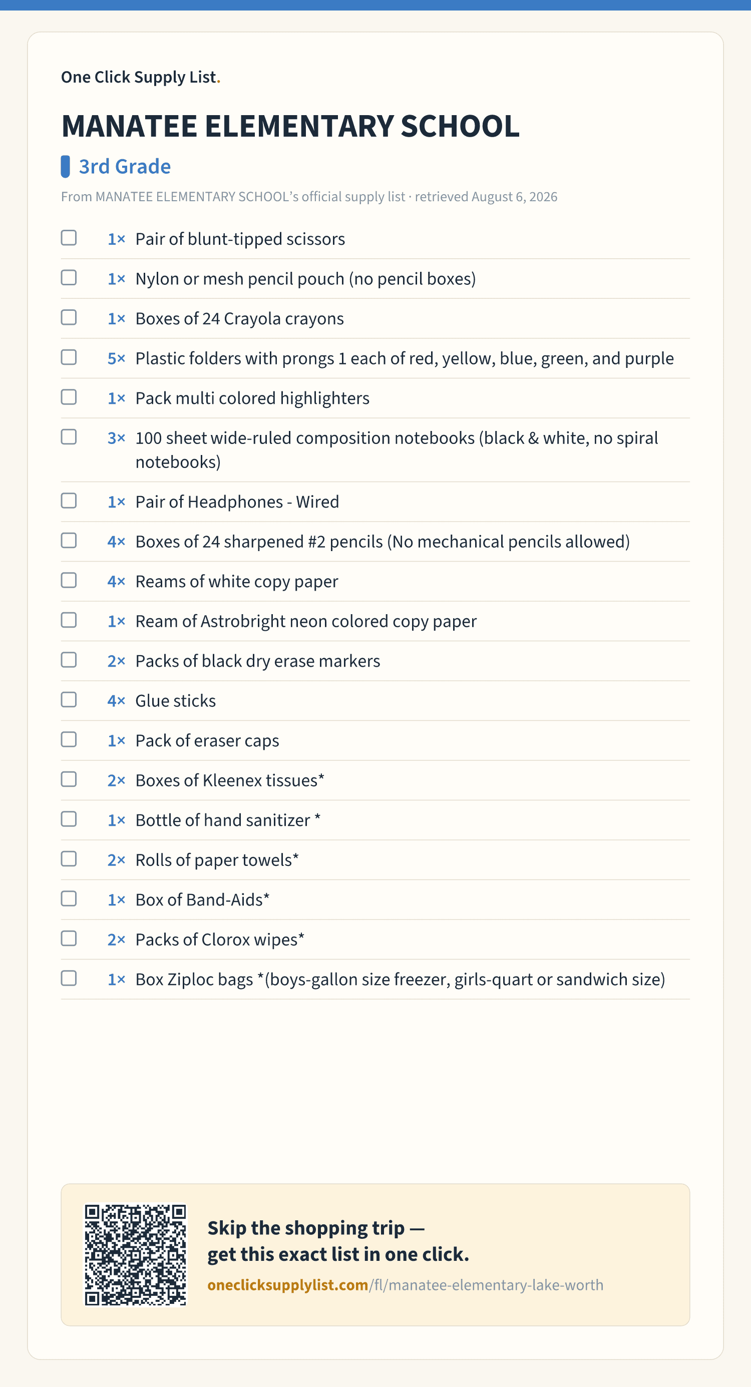 MANATEE ELEMENTARY SCHOOL 3rd Grade supply list — printable image
