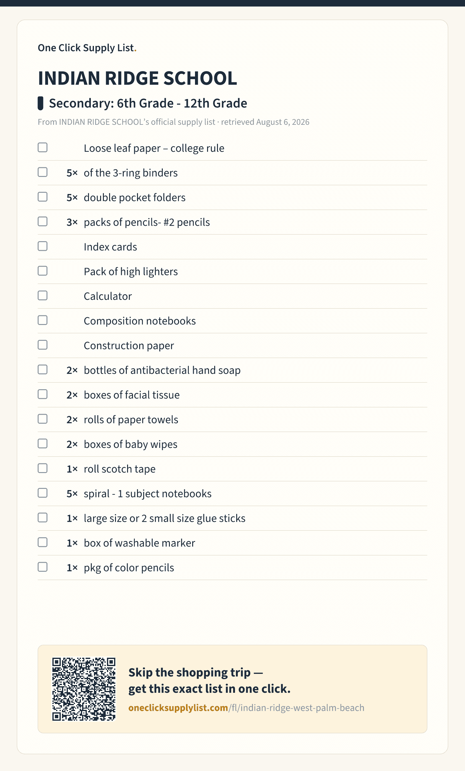 INDIAN RIDGE SCHOOL Secondary: 6th Grade - 12th Grade supply list — printable image