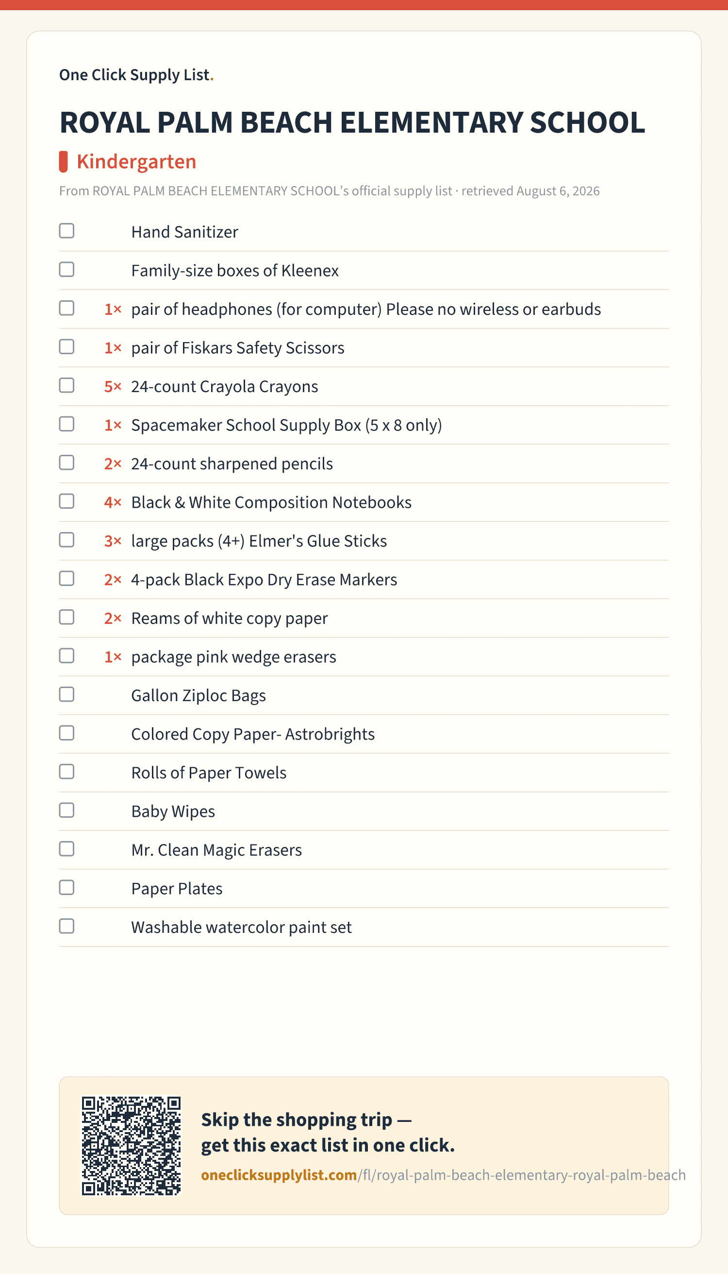 ROYAL PALM BEACH ELEMENTARY SCHOOL Kindergarten supply list — printable image