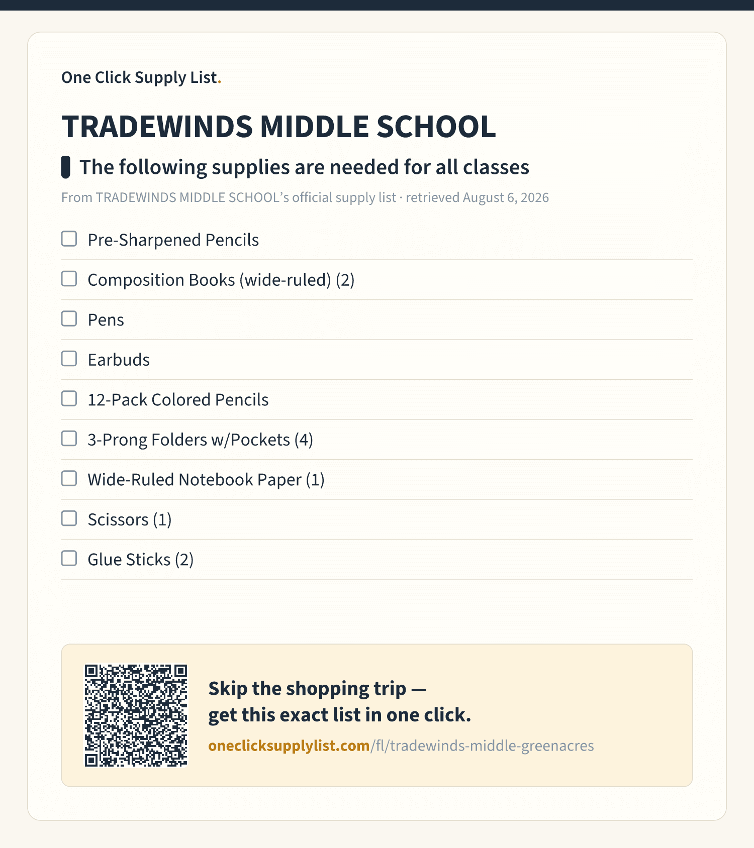 TRADEWINDS MIDDLE SCHOOL The following supplies are needed for all classes supply list — printable image