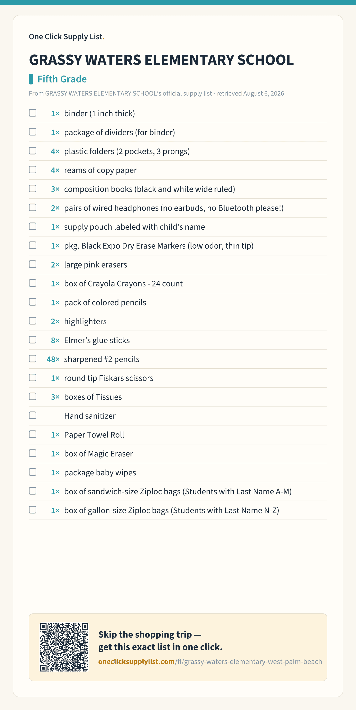 GRASSY WATERS ELEMENTARY SCHOOL Fifth Grade supply list — printable image