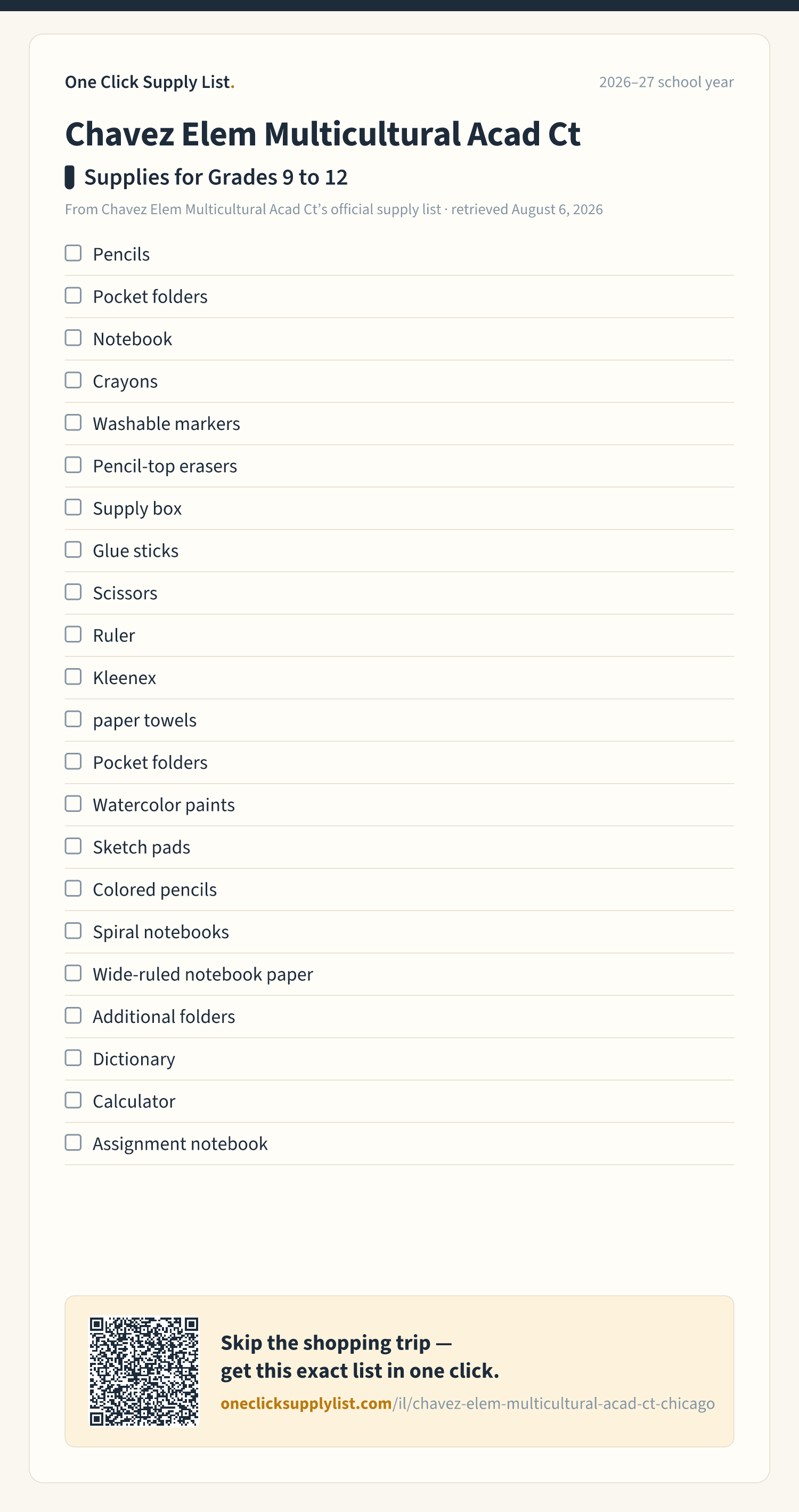 Chavez Elem Multicultural Acad Ct Supplies for Grades 9 to 12 supply list — printable image