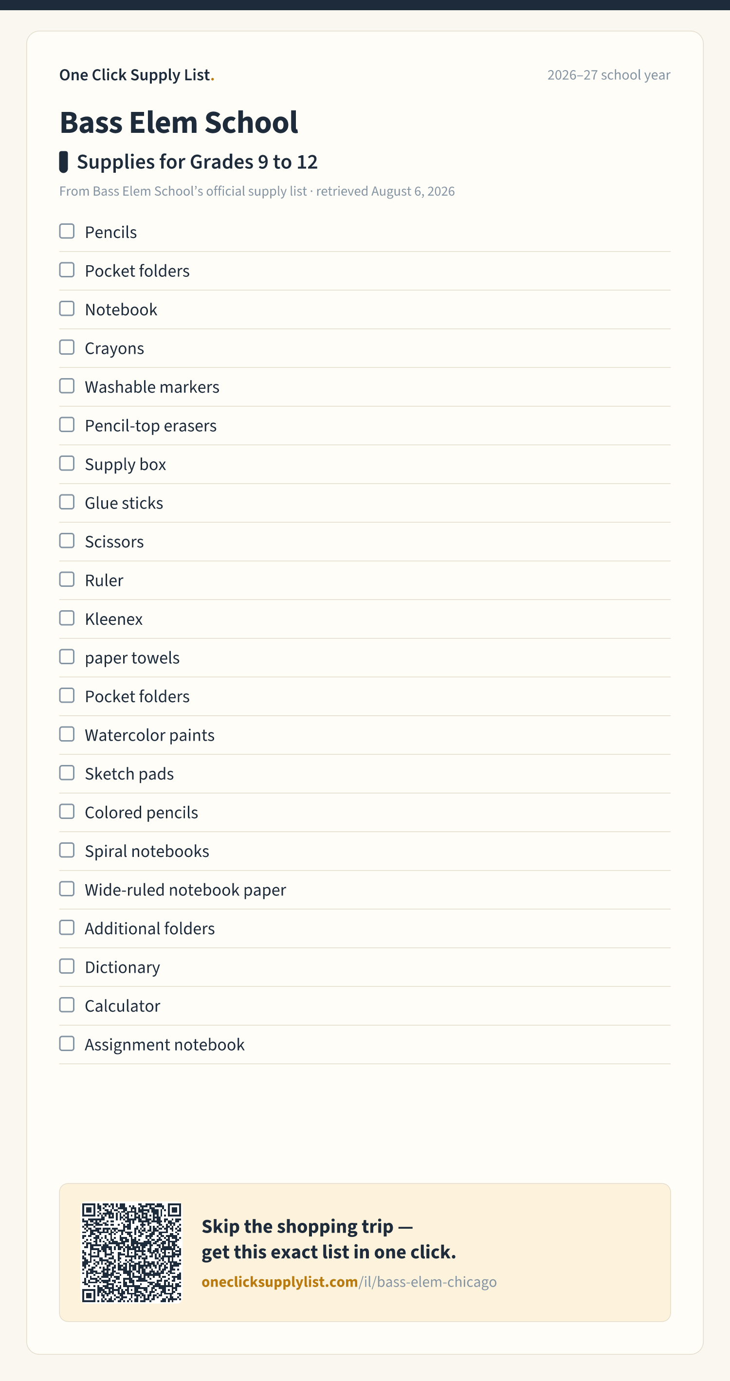 Bass Elem School Supplies for Grades 9 to 12 supply list — printable image