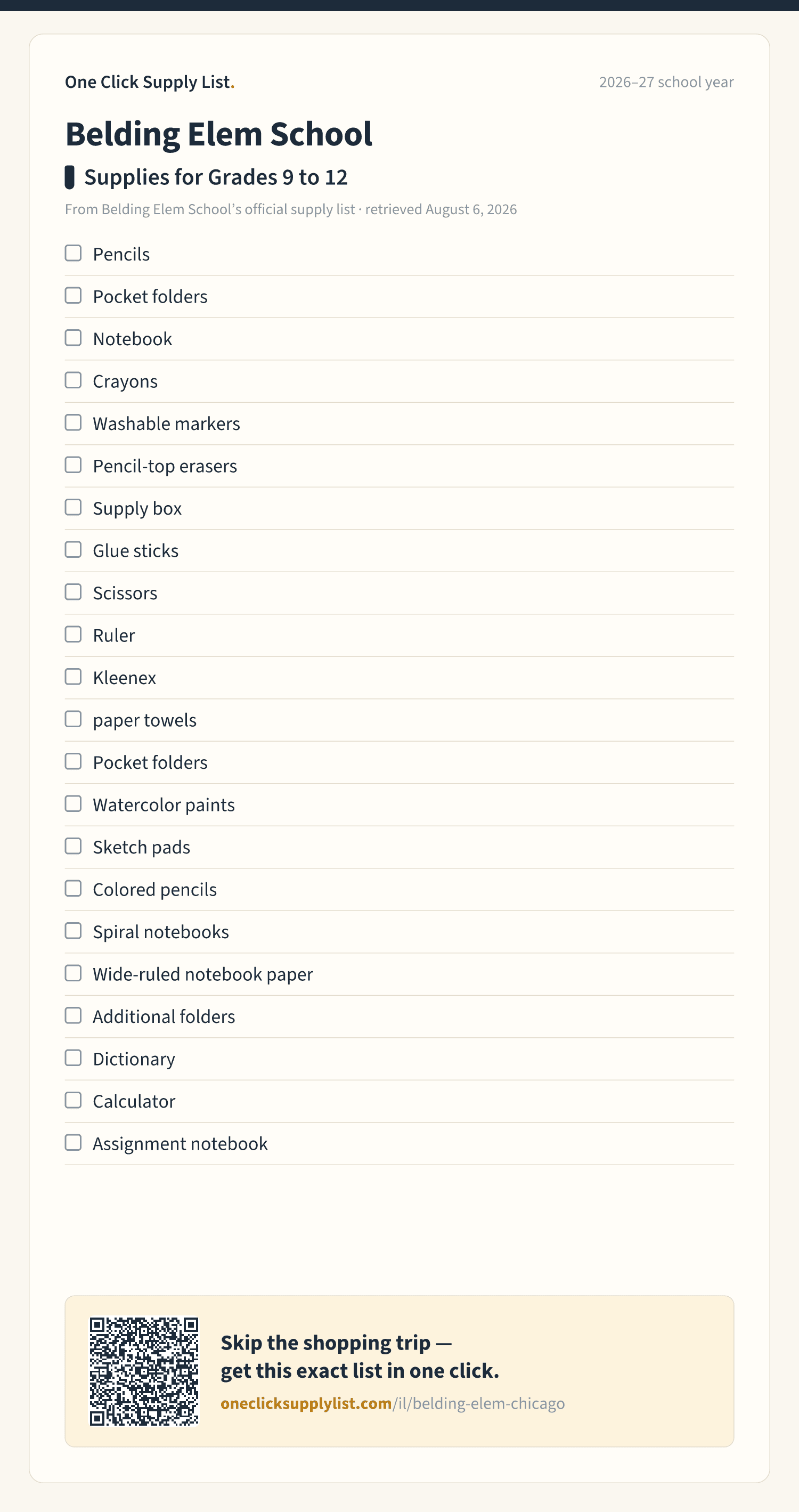 Belding Elem School Supplies for Grades 9 to 12 supply list — printable image