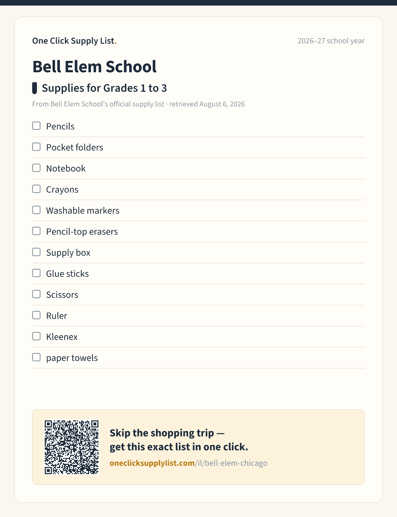 Bell Elem School Supplies for Grades 1 to 3 supply list — printable image