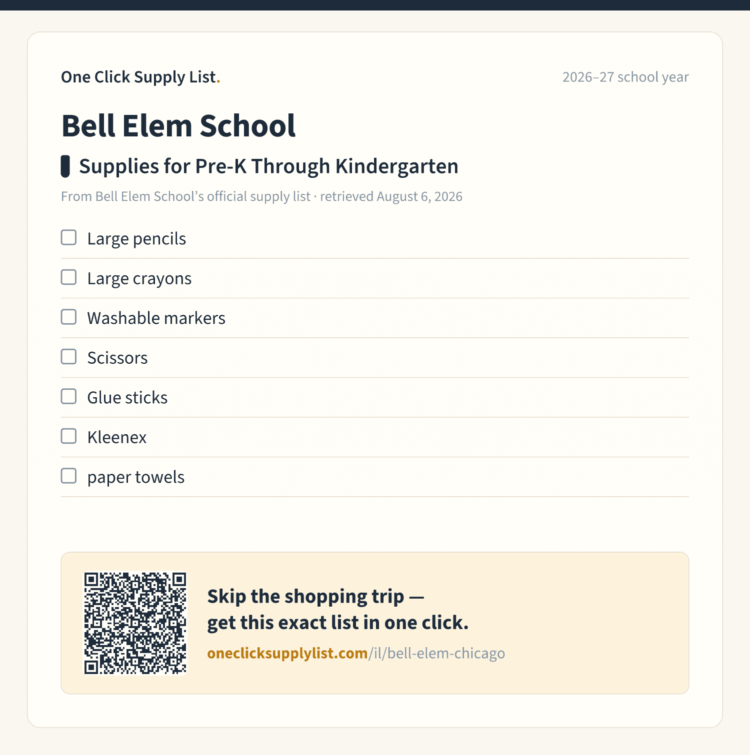 Bell Elem School Supplies for Pre-K Through Kindergarten supply list — printable image