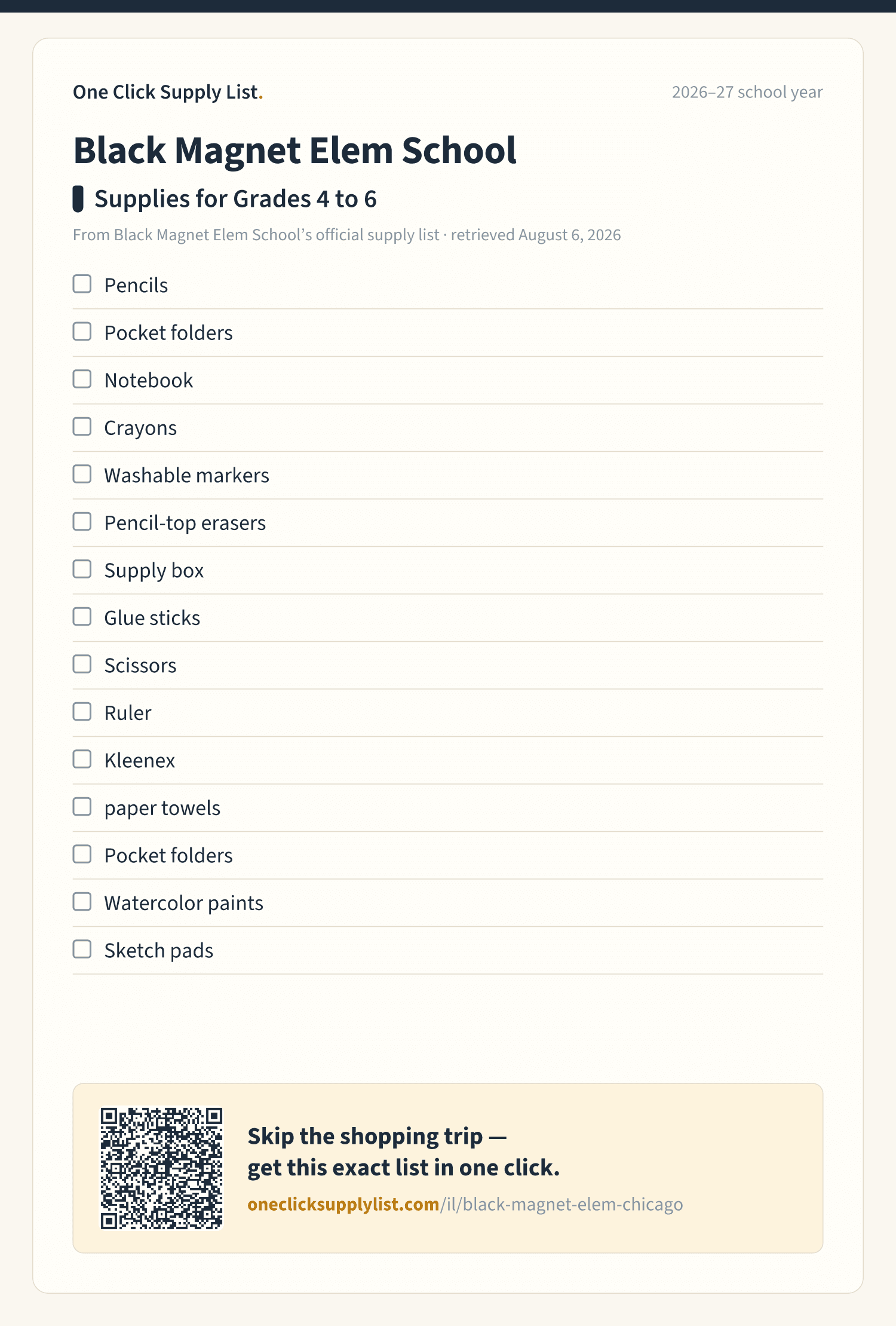 Black Magnet Elem School Supplies for Grades 4 to 6 supply list — printable image