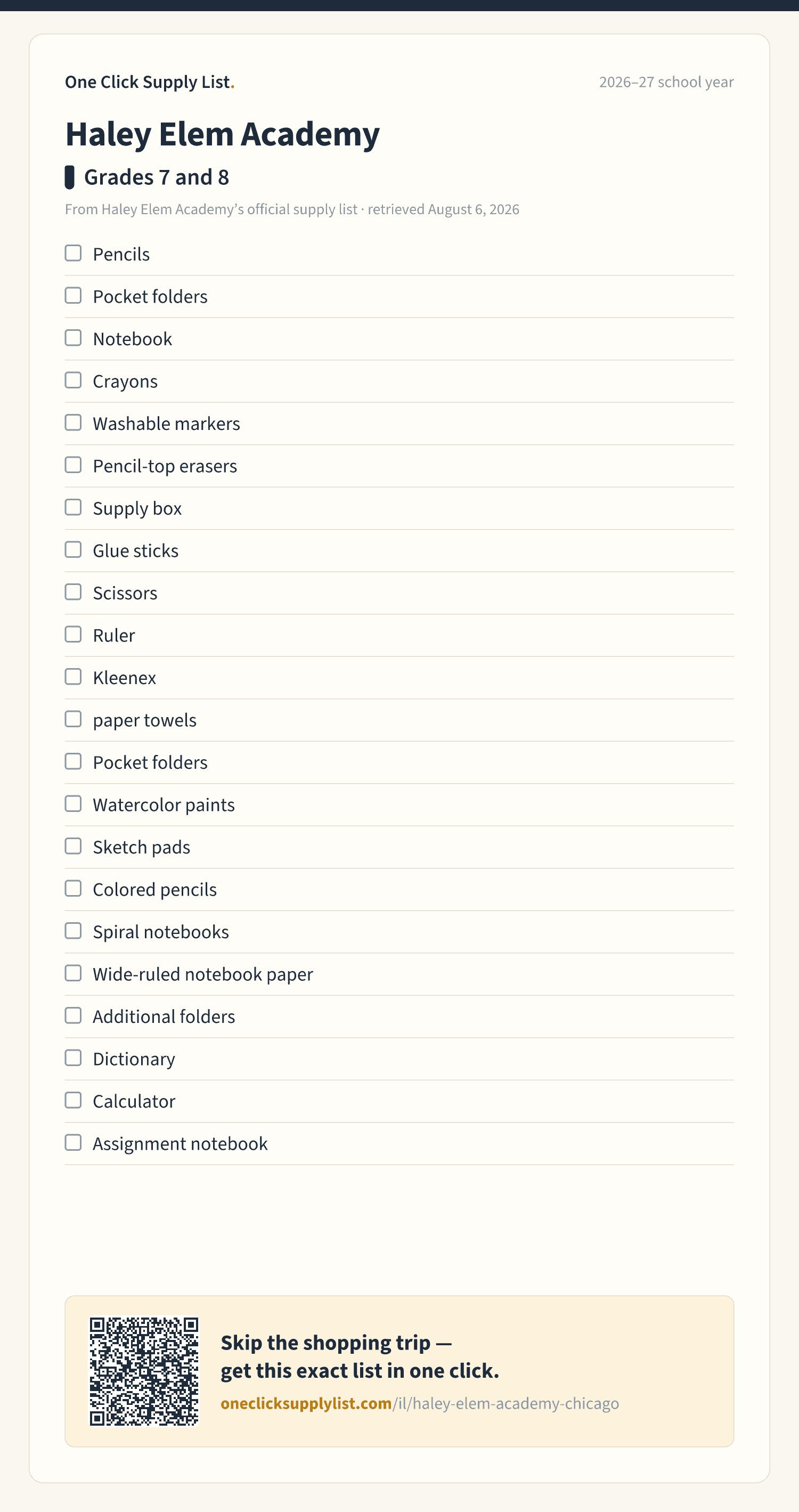 Haley Elem Academy Grades 7 and 8 supply list — printable image
