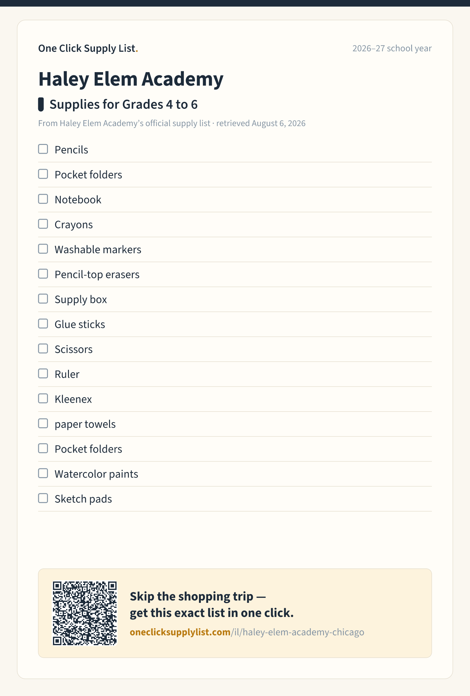 Haley Elem Academy Supplies for Grades 4 to 6 supply list — printable image