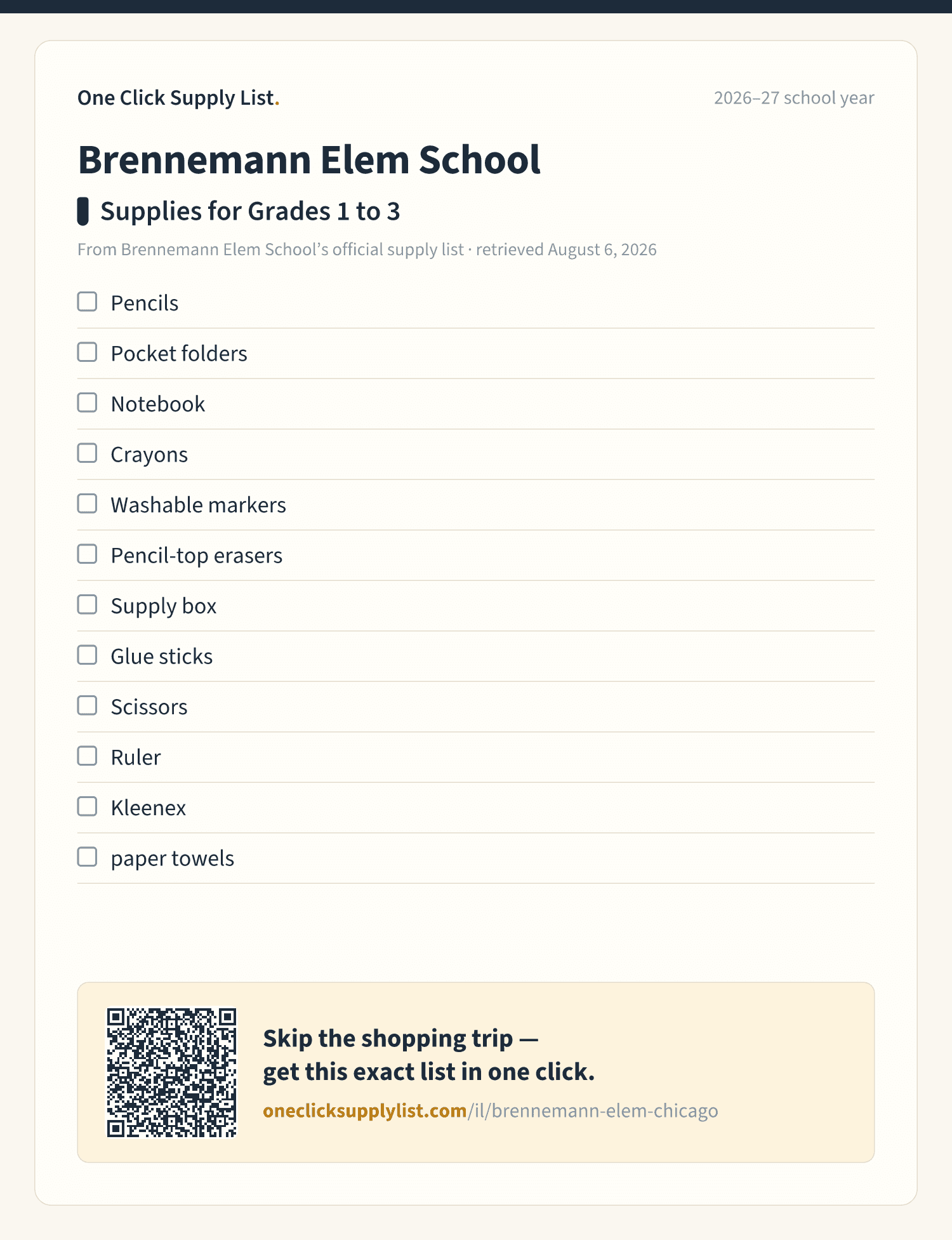 Brennemann Elem School Supplies for Grades 1 to 3 supply list — printable image